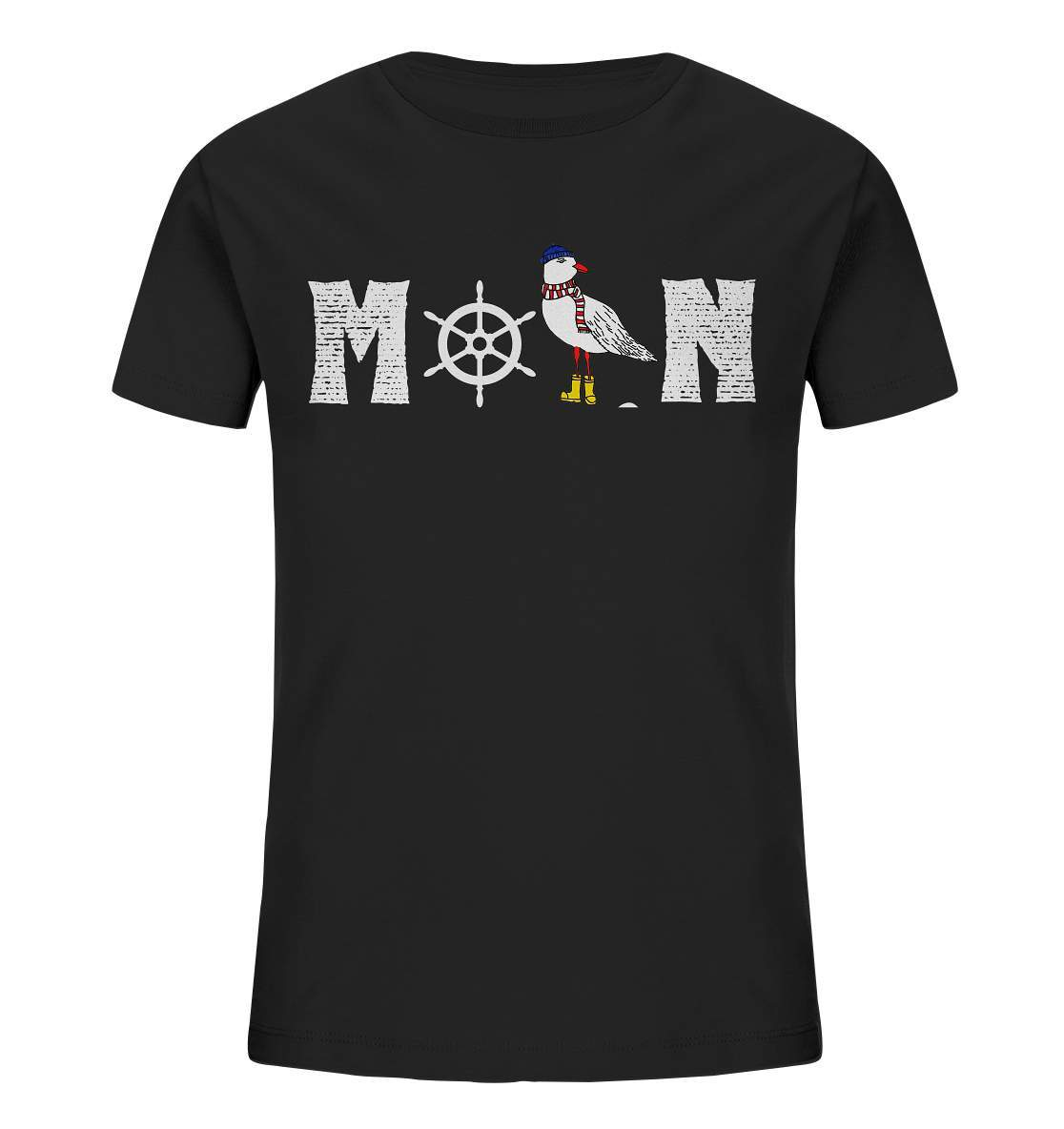 Moin mit Möwe und Steuerrad Nordsee Ostsee Maritim Style - Kids Organic Shirt-Maritim,Maritim Lifestyle,Maritim Style,Moin,Möwe,Möwe mit Mütze,Möwe mit Schal,Möwe mit Stiefel,Nordlicht,Nordsee,Ostsee,Ostseeurlaub,Steuerrad