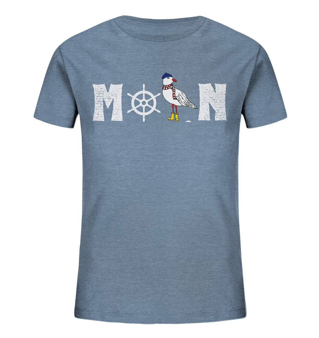 Moin mit Möwe und Steuerrad Nordsee Ostsee Maritim Style - Kids Organic Shirt-Maritim,Maritim Lifestyle,Maritim Style,Moin,Möwe,Möwe mit Mütze,Möwe mit Schal,Möwe mit Stiefel,Nordlicht,Nordsee,Ostsee,Ostseeurlaub,Steuerrad