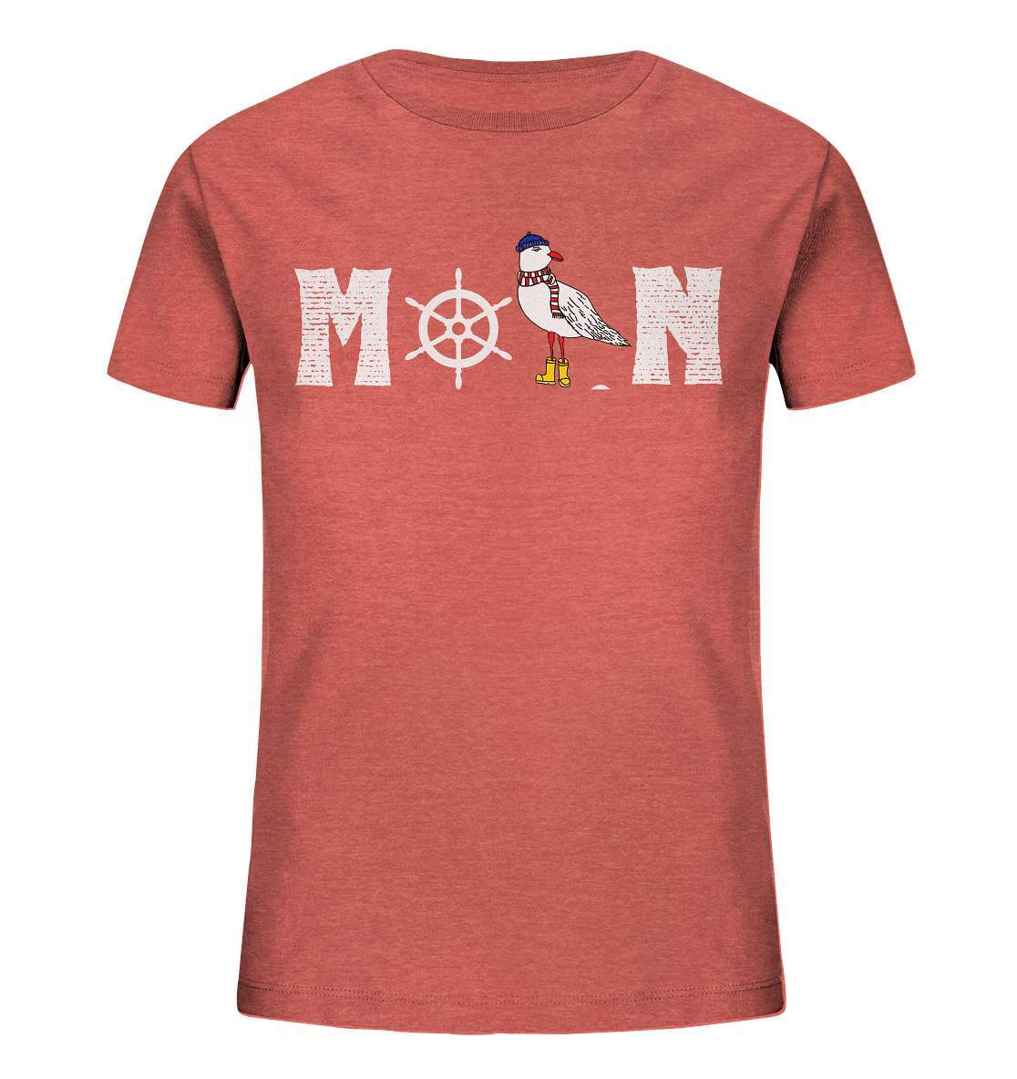 Moin mit Möwe und Steuerrad Nordsee Ostsee Maritim Style - Kids Organic Shirt-Maritim,Maritim Lifestyle,Maritim Style,Moin,Möwe,Möwe mit Mütze,Möwe mit Schal,Möwe mit Stiefel,Nordlicht,Nordsee,Ostsee,Ostseeurlaub,Steuerrad