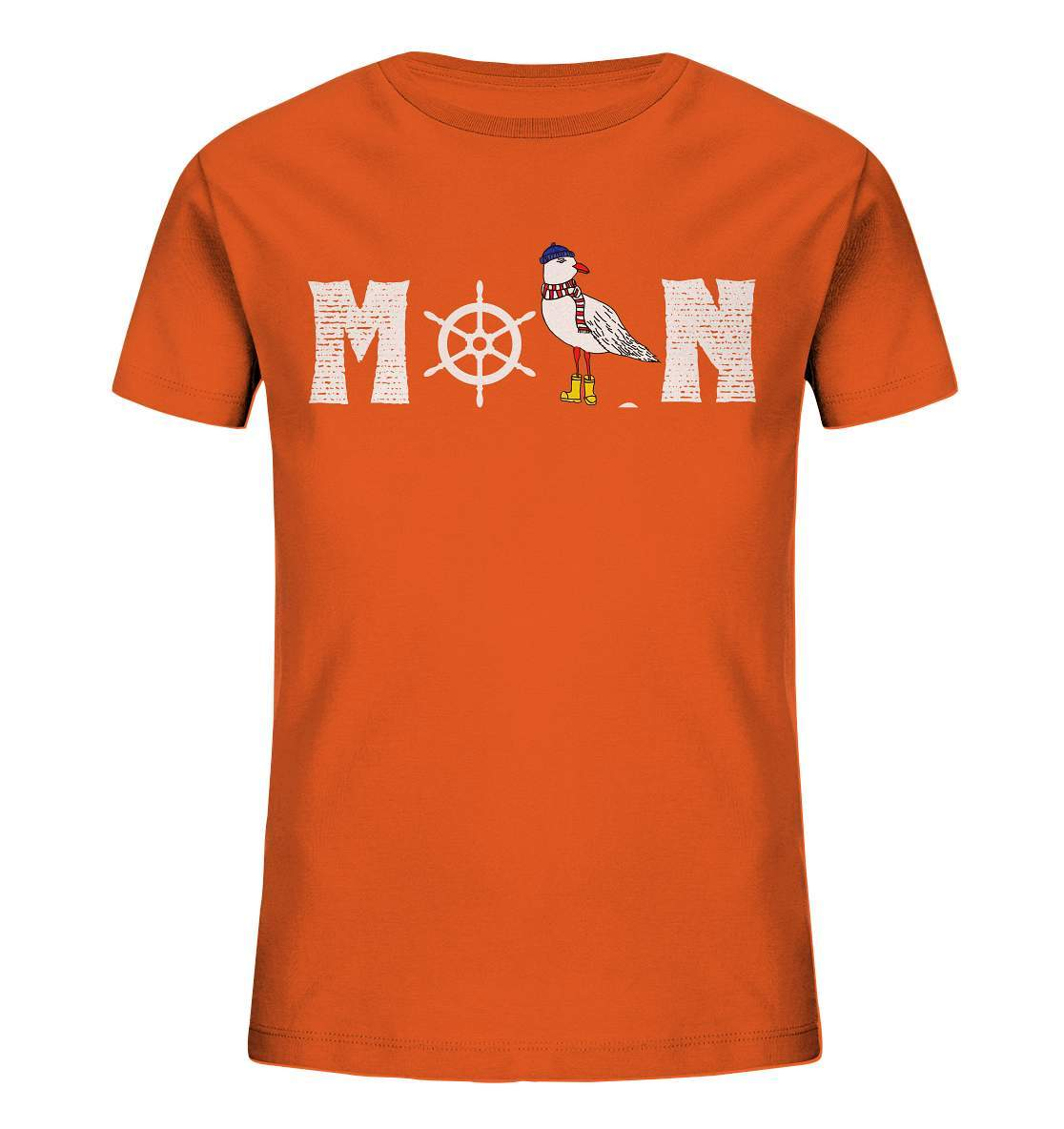 Moin mit Möwe und Steuerrad Nordsee Ostsee Maritim Style - Kids Organic Shirt-Maritim,Maritim Lifestyle,Maritim Style,Moin,Möwe,Möwe mit Mütze,Möwe mit Schal,Möwe mit Stiefel,Nordlicht,Nordsee,Ostsee,Ostseeurlaub,Steuerrad