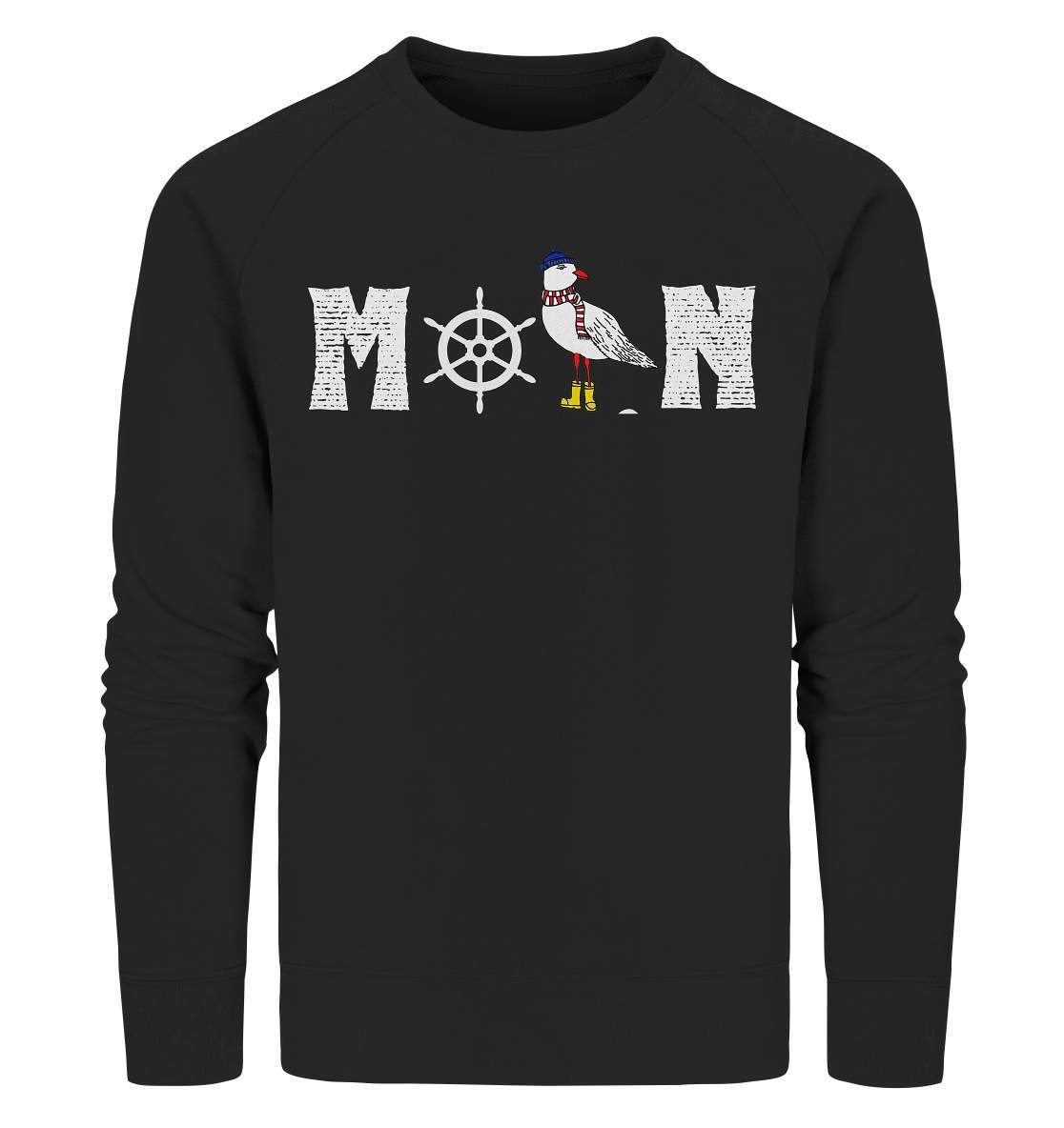 Moin mit Möwe und Steuerrad Nordsee Ostsee Maritim Style - Organic Sweatshirt-Maritim,Maritim Lifestyle,Maritim Style,Moin,Möwe,Möwe mit Mütze,Möwe mit Schal,Möwe mit Stiefel,Nordlicht,Nordsee,Ostsee,Ostseeurlaub,Steuerrad