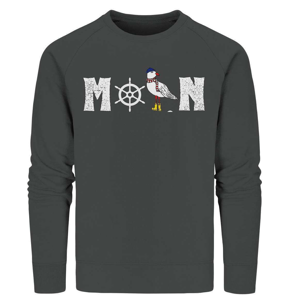 Moin mit Möwe und Steuerrad Nordsee Ostsee Maritim Style - Organic Sweatshirt-Maritim,Maritim Lifestyle,Maritim Style,Moin,Möwe,Möwe mit Mütze,Möwe mit Schal,Möwe mit Stiefel,Nordlicht,Nordsee,Ostsee,Ostseeurlaub,Steuerrad