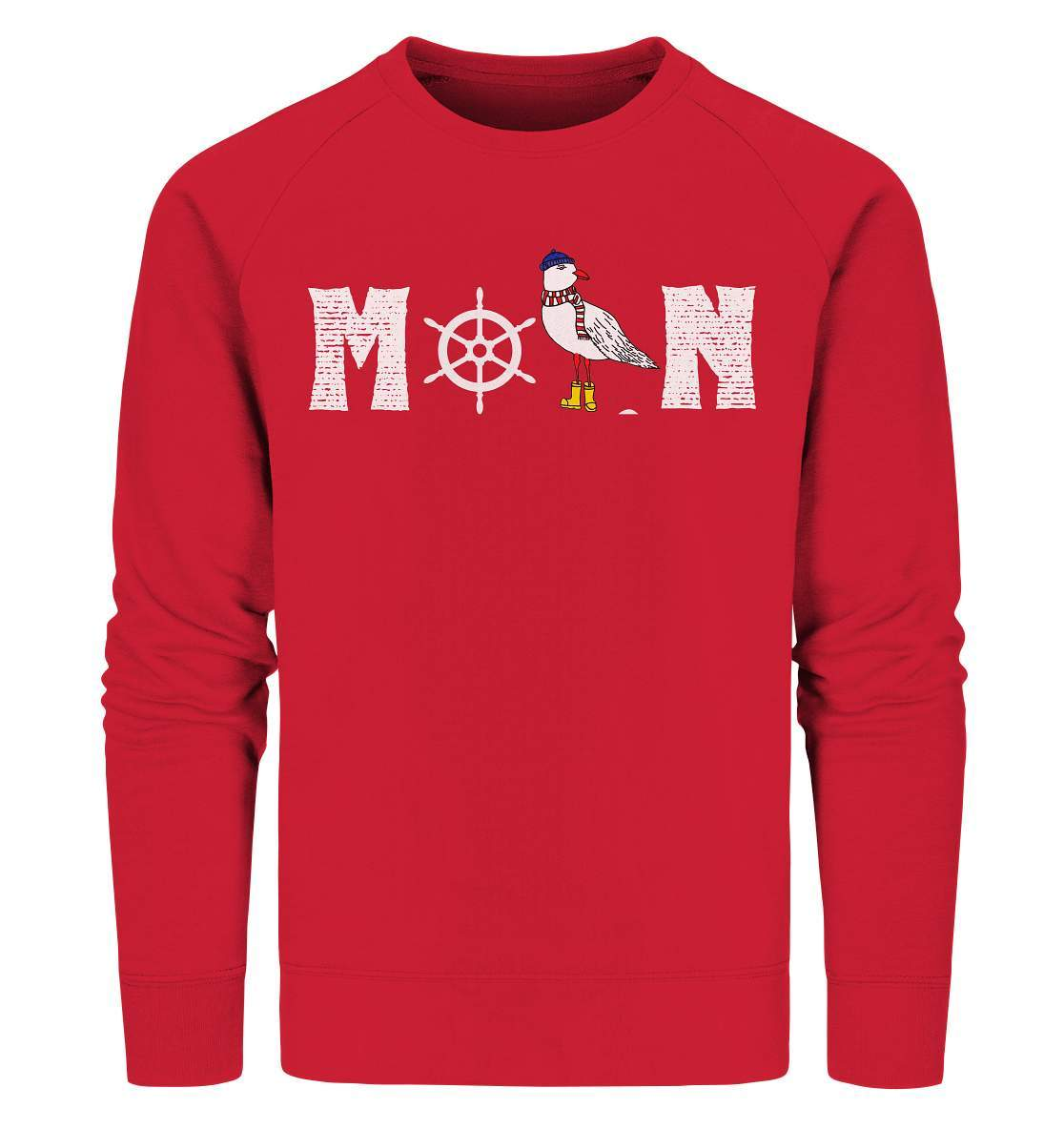 Moin mit Möwe und Steuerrad Nordsee Ostsee Maritim Style - Organic Sweatshirt-Maritim,Maritim Lifestyle,Maritim Style,Moin,Möwe,Möwe mit Mütze,Möwe mit Schal,Möwe mit Stiefel,Nordlicht,Nordsee,Ostsee,Ostseeurlaub,Steuerrad