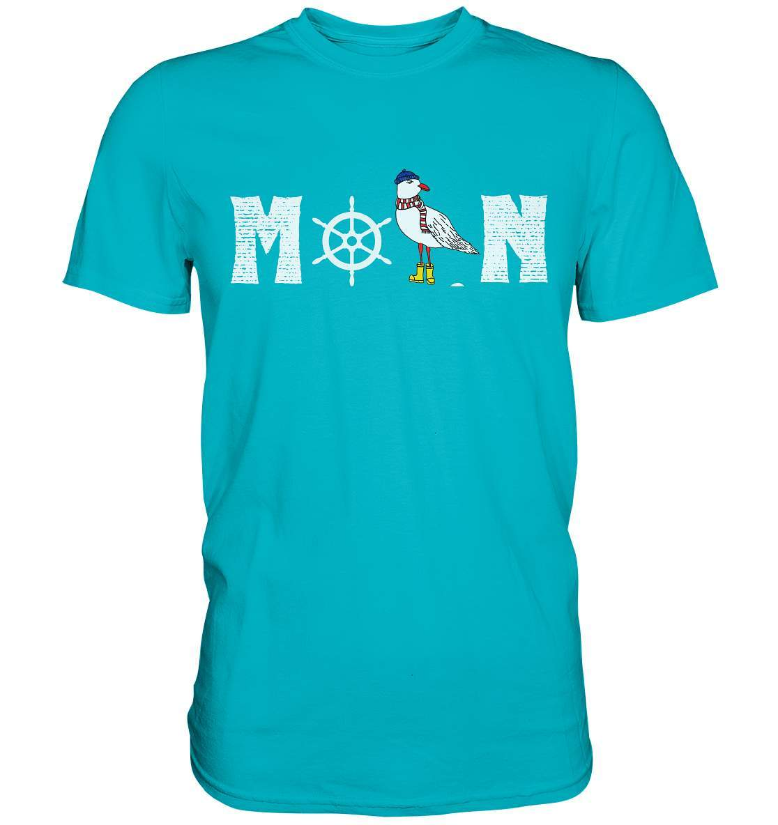 Moin mit Möwe und Steuerrad Nordsee Ostsee Maritim Style - Premium Shirt-Maritim,Maritim Lifestyle,Maritim Style,Moin,Möwe,Möwe mit Mütze,Möwe mit Schal,Möwe mit Stiefel,Nordlicht,Nordsee,Ostsee,Ostseeurlaub,Steuerrad
