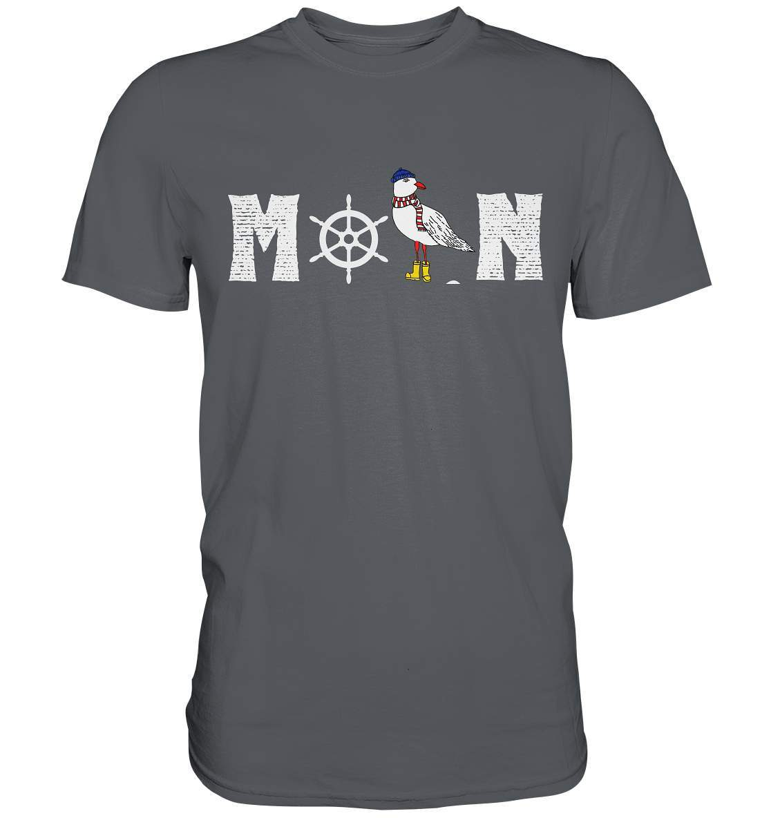 Moin mit Möwe und Steuerrad Nordsee Ostsee Maritim Style - Premium Shirt-Maritim,Maritim Lifestyle,Maritim Style,Moin,Möwe,Möwe mit Mütze,Möwe mit Schal,Möwe mit Stiefel,Nordlicht,Nordsee,Ostsee,Ostseeurlaub,Steuerrad