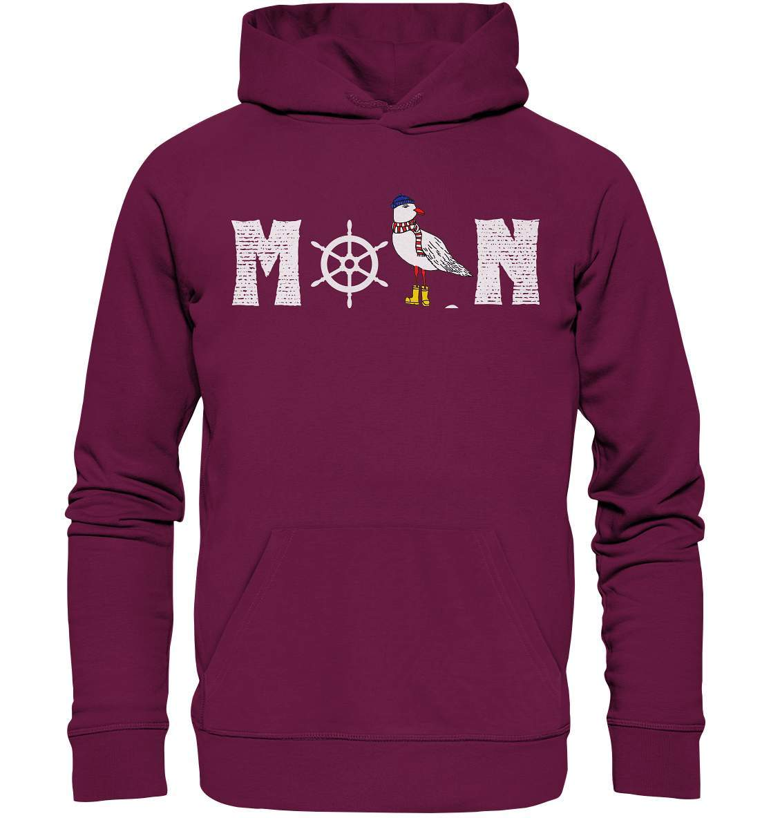 Moin mit Möwe und Steuerrad Nordsee Ostsee Maritim Style - Premium Unisex Hoodie-Maritim,Maritim Lifestyle,Maritim Style,Moin,Möwe,Möwe mit Mütze,Möwe mit Schal,Möwe mit Stiefel,Nordlicht,Nordsee,Ostsee,Ostseeurlaub,Steuerrad