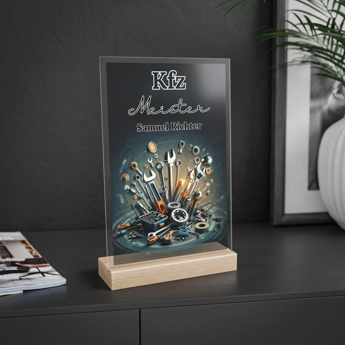 Acryl-Aufsteller personalisiert – Geschenk für Kfz-Meister & Mechaniker zur Meisterprüfung mit Name | In 3 Größen erhältlich