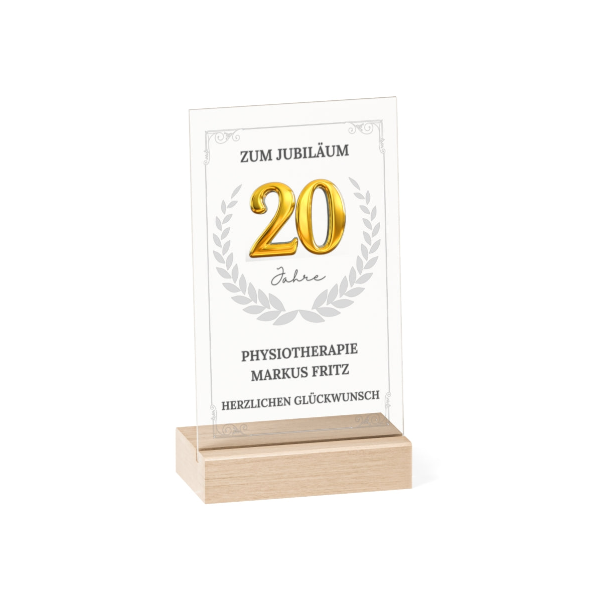 Personalisierte Acryltafel zum Firmen- oder Mitarbeiterjubiläum (10, 25 oder 50 Jahre) auf FSC-zertifiziertem Buchenholzsockel. Mit goldener Zahl, Lorbeerkranz und optionaler LED-Beleuchtung in Größe L. Ideal als Geschenk für langjährige Betriebszugehörigkeit.