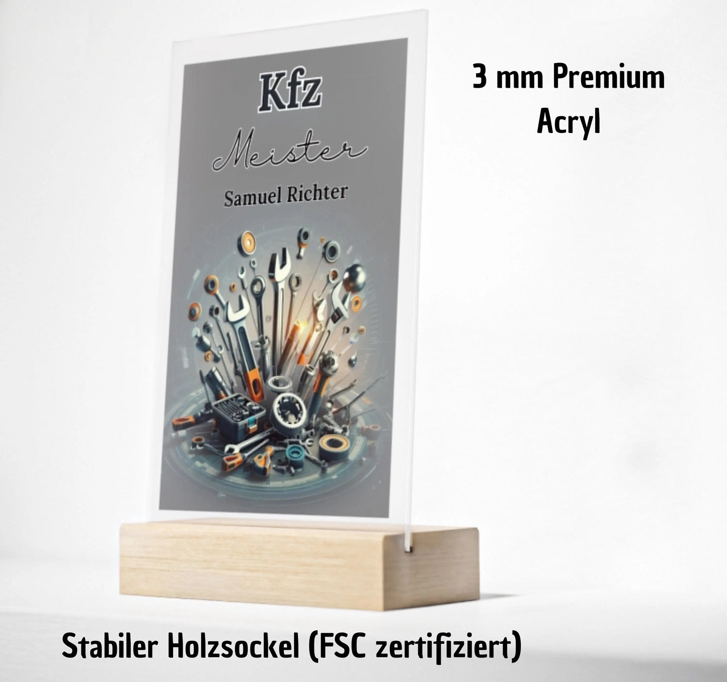 Acryl-Aufsteller personalisiert – Geschenk für Kfz-Meister & Mechaniker zur Meisterprüfung mit Name | In 3 Größen erhältlich