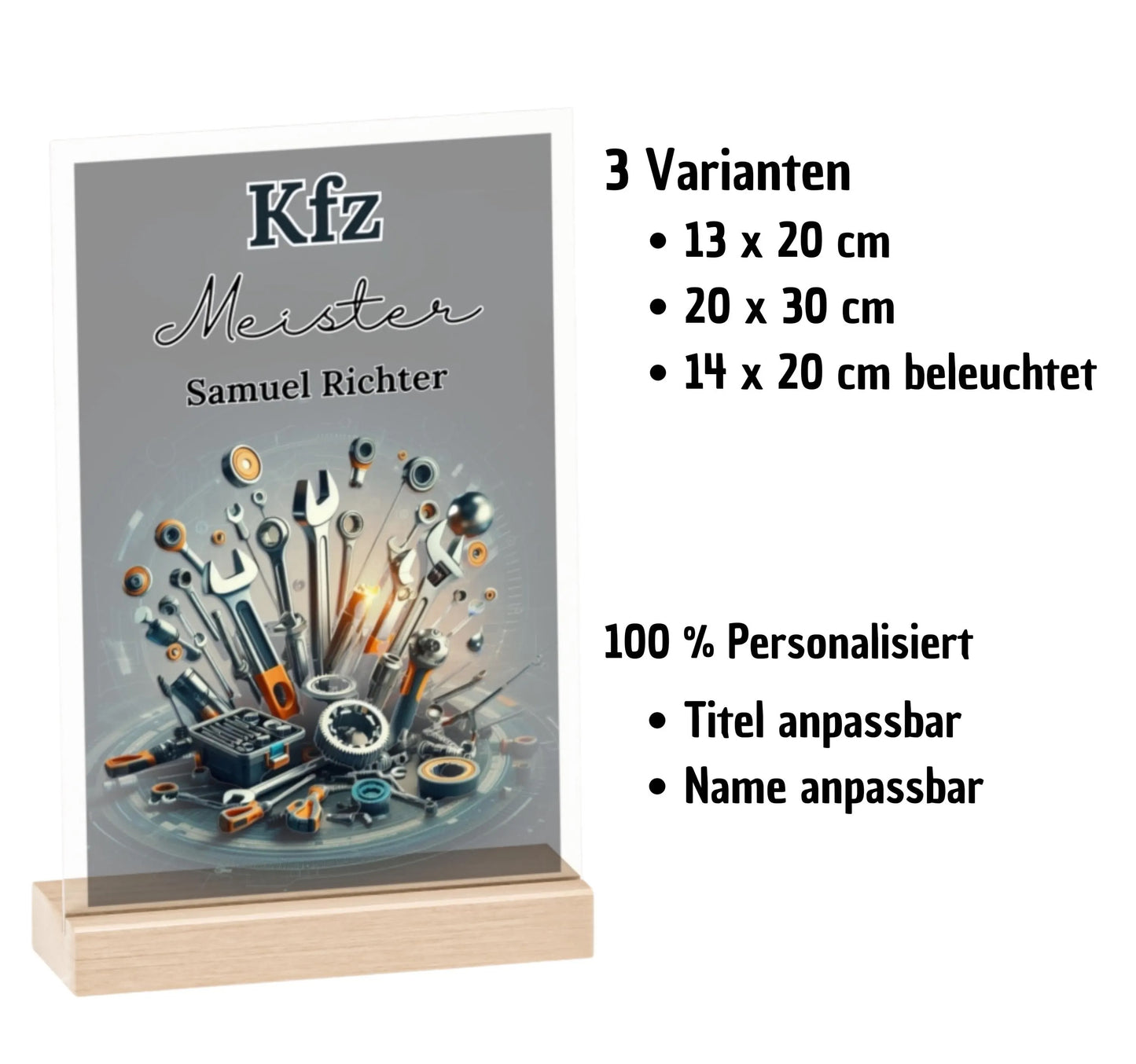 Acryl-Aufsteller personalisiert – Geschenk für Kfz-Meister & Mechaniker zur Meisterprüfung mit Name | In 3 Größen erhältlich