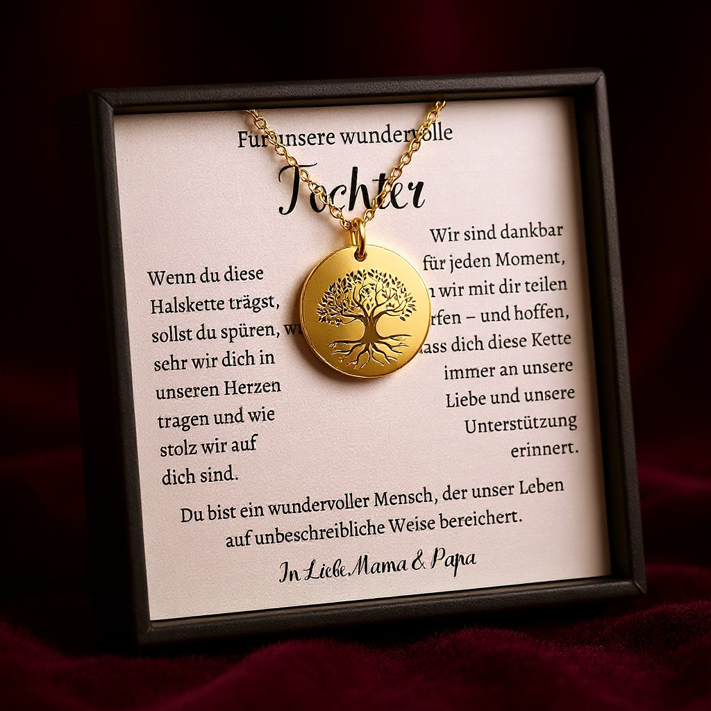 Personalisierte Baum des Lebens Kette „Für unsere wundervolle Tochter“ mit Anhänger mit fein graviertem Baum des Lebens - Yggdrasil, präsentiert in eleganter schwarzer Schmuckbox. Ideal als Geschenk zum Geburtstag, Weihnachten oder Jugendweihe, Konfirmation, Firmung, Kommunion von Mama & Papa.