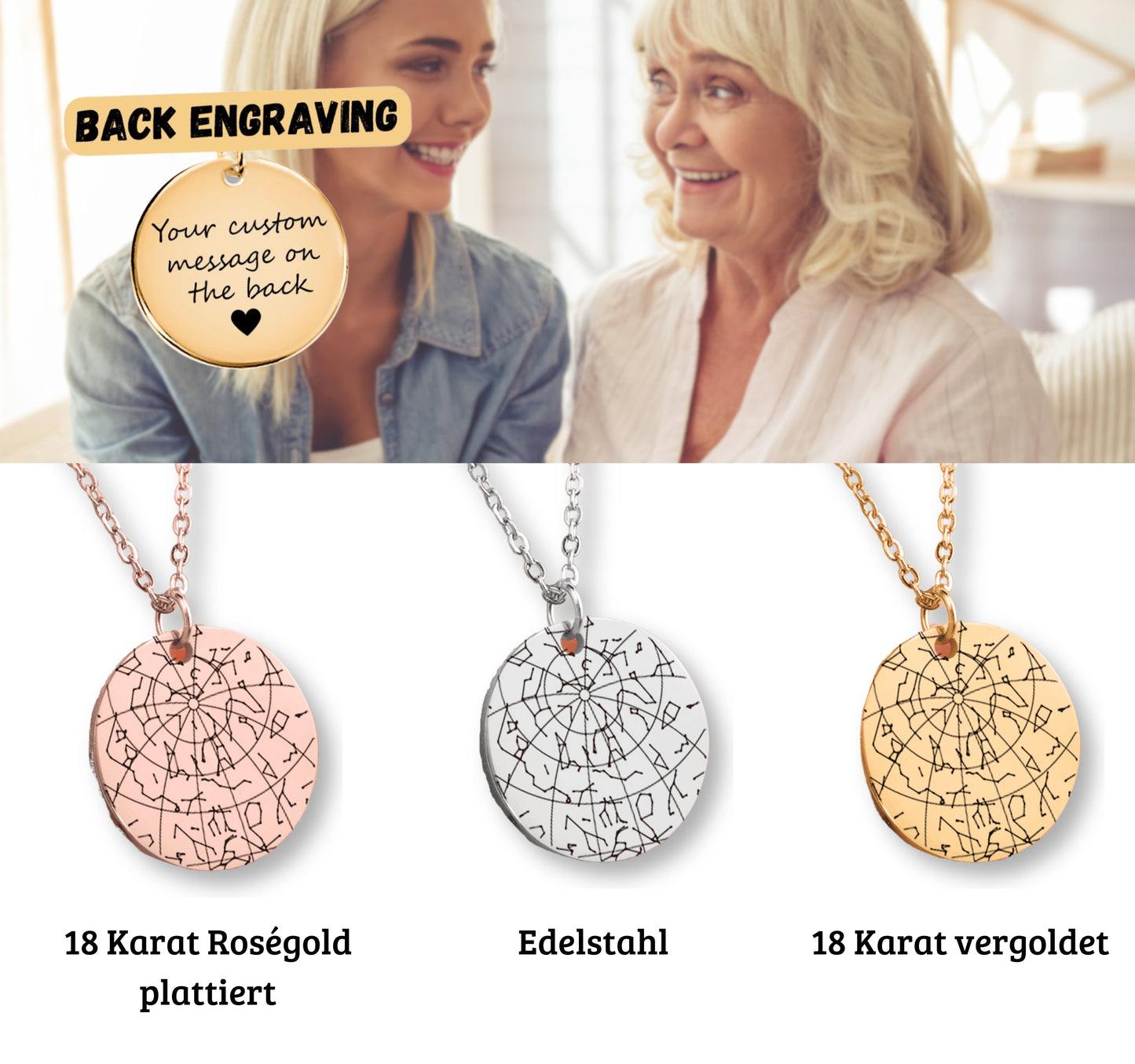 Personalisierte Sternenhimmel Kette für Enkeltochter mit Anhänger, der den Himmel nach Ort und Datum zeigt, präsentiert in eleganter schwarzer Schmuckbox mit dunkelblauem Sternenhimmel-Hintergrund. Ideal als Geschenk von Oma & Opa.