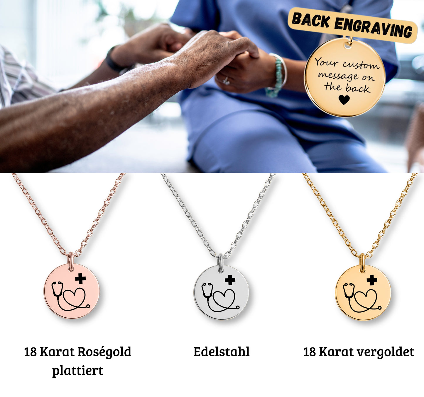 Personalisierte Pflege-Anhänger-Halskette aus Edelstahl - Stethoskop & Herz – Geschenk für Krankenschwester, Pflegerin oder Pfleger