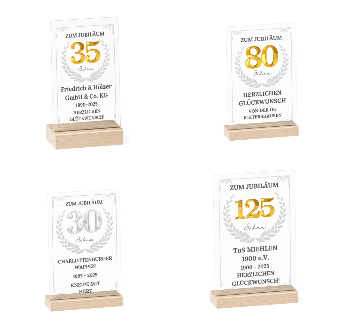 Personalisierte Acryltafel zum Firmen- oder Mitarbeiterjubiläum (10, 25 oder 50 Jahre) auf FSC-zertifiziertem Buchenholzsockel. Mit goldener Zahl, Lorbeerkranz und optionaler LED-Beleuchtung in Größe L. Ideal als Geschenk für langjährige Betriebszugehörigkeit.