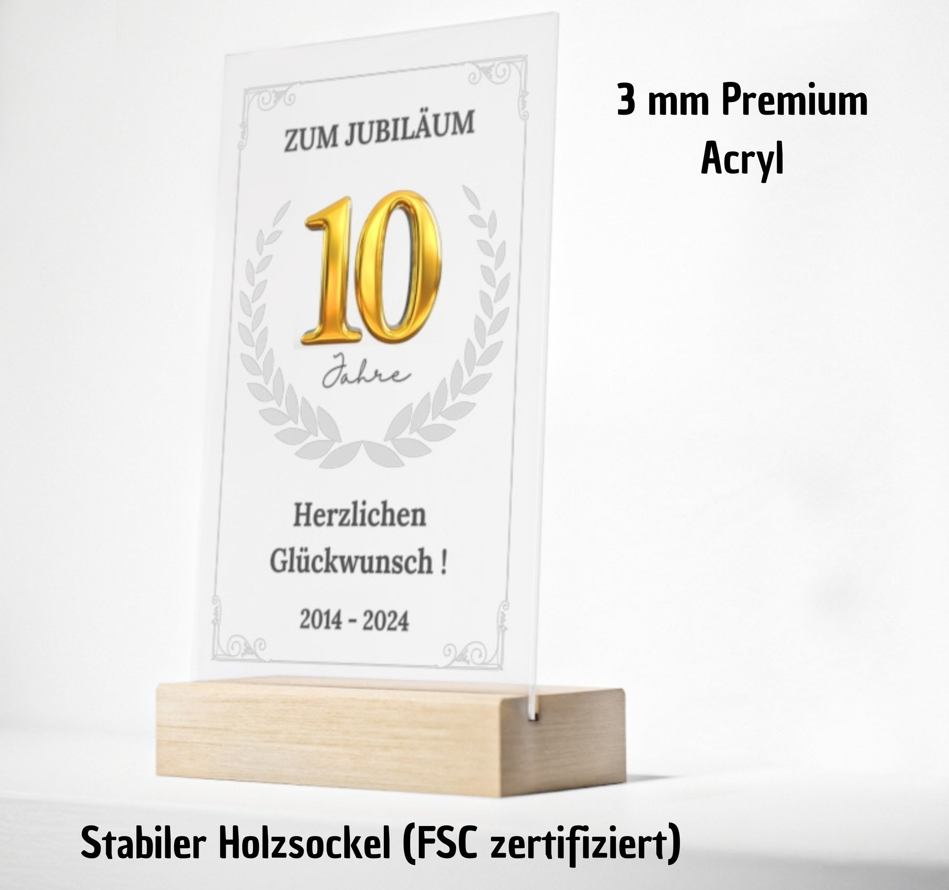 Personalisierte Acryltafel zum Firmen- oder Mitarbeiterjubiläum (10, 25 oder 50 Jahre) auf FSC-zertifiziertem Buchenholzsockel. Mit goldener Zahl, Lorbeerkranz und optionaler LED-Beleuchtung in Größe L. Ideal als Geschenk für langjährige Betriebszugehörigkeit.