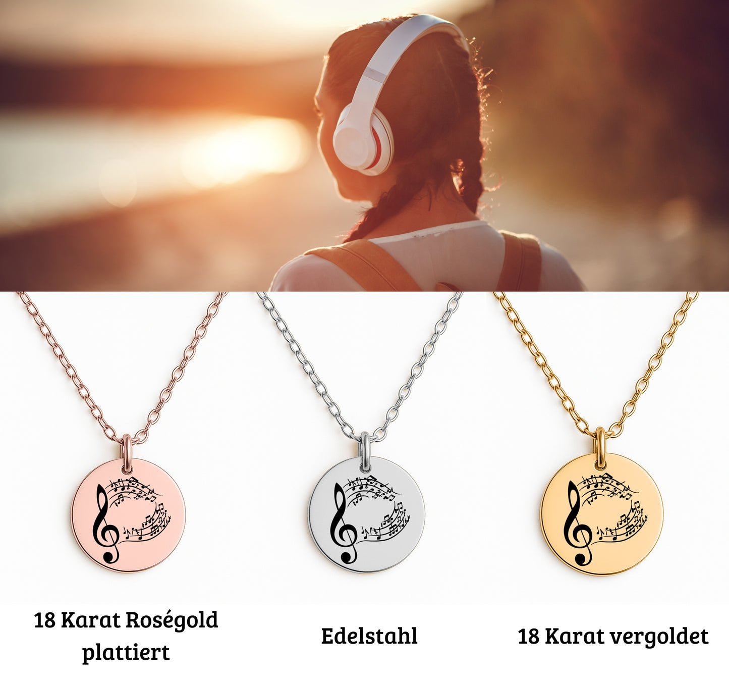 Eine goldene Halskette mit einem runden Anhänger, der mit einem Notenschlüssel und Musiknoten graviert ist. Die Kette wird in einer edlen, schwarzen Geschenkbox auf einer Karte mit einem inspirierenden, emotionalen Spruch präsentiert. Die liebevolle Aufmachung mit zarten Blütenblättern im Hintergrund positioniert den Schmuck als hochwertiges und bedeutungsvolles Geschenk für einen besonderen Menschen.