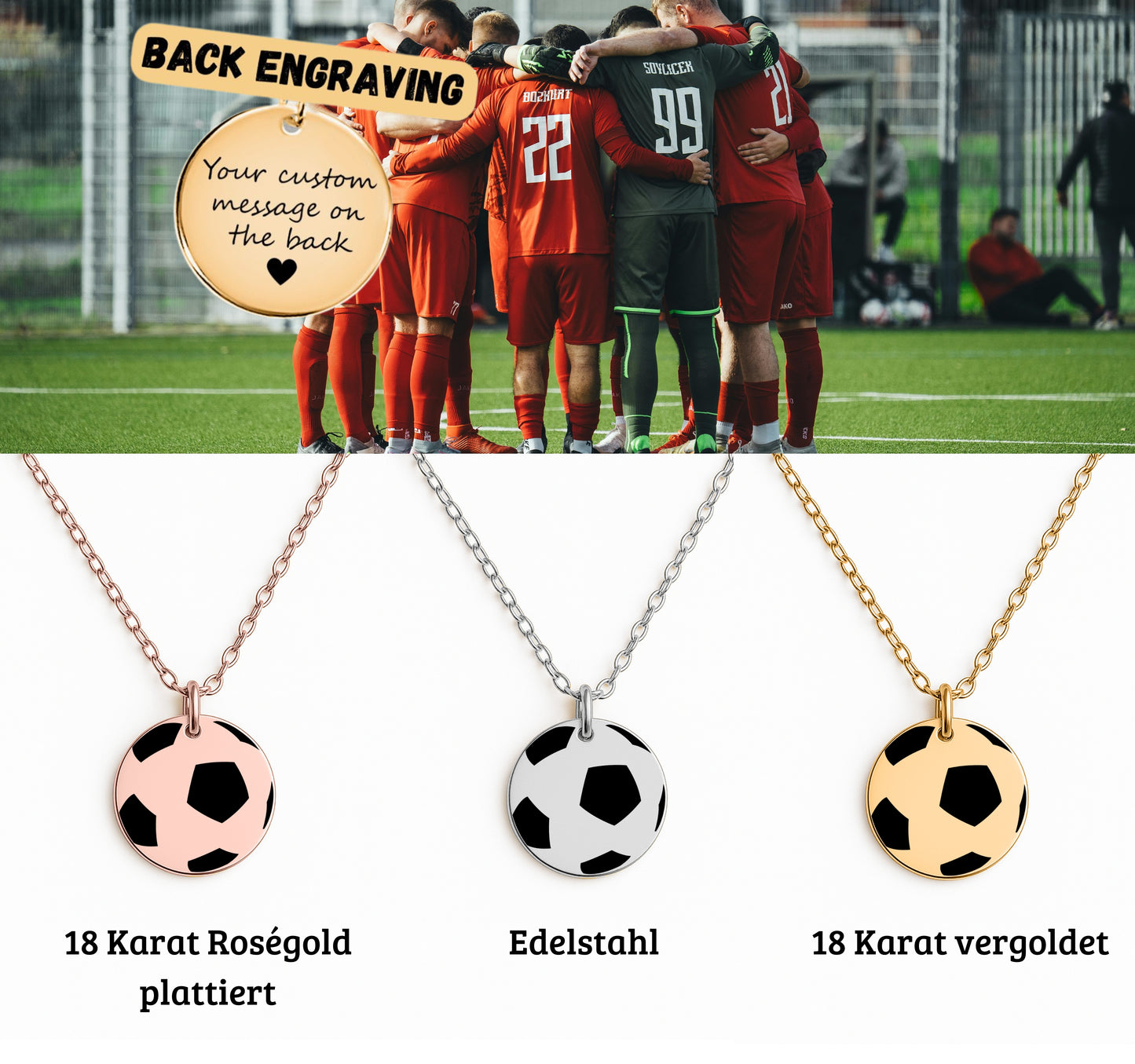 Personalisierte Fußball-Halskette aus Edelstahl mit graviertem Ball-Anhänger in schwarzer Schmuckbox – perfektes Abschiedsgeschenk für Spieler, Team oder Verein.