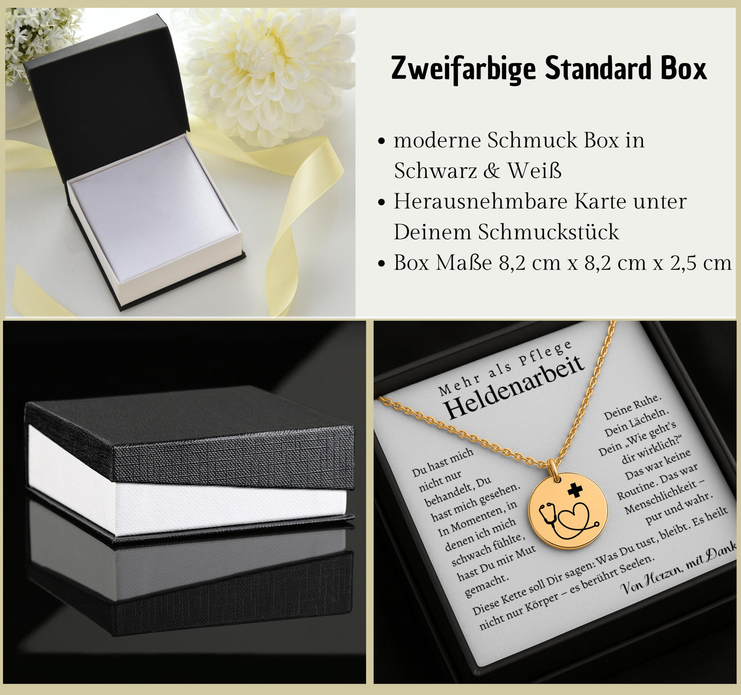 Goldene Halskette mit runden Anhänger, auf dem ein Stethoskop ein Herz bildet und ein kleines Plus-Zeichen daneben steht. Die Kette liegt in einer schwarzen Schmuckbox mit einer Dankeskarte. Auf der Karte steht: 'Mehr als Pflege – Heldenarbeit'. Umgeben von rosa Rosenblättern."