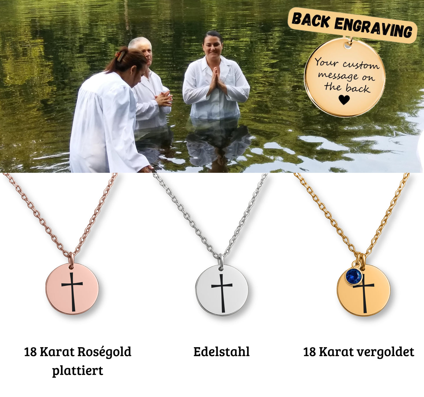Personalisierte Taufkette mit Kreuz-Anhänger und Geburtsstein Anhänger, präsentiert in einer eleganten schwarzen Geschenkbox mit herausnehmbarer Karte. In 3 verschiedenen Varianten. Ideal als Taufgeschenk, Konfirmationsgeschenk oder Geburtstagskette für kleine Tochter.