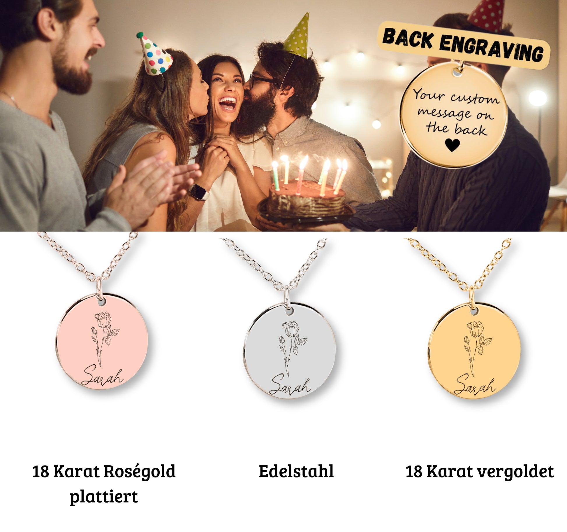 Personalisierte Geburtsblume Namenskette aus hochwertigem Edelstahl (Gold, Rosegold, Silber) mit individueller Gravur von Geburtsblume und Name. Ein bedeutungsvolles Geschenk für Töchter zu besonderen Anlässen wie Taufe, Konfirmation, Auszug oder als liebevolle Erinnerung an die elterliche Liebe. Hypoallergen, anlaufbeständig und geschenkfertig verpackt. Zeigt die Schönheit und Personalisierung des Schmuckstücks.