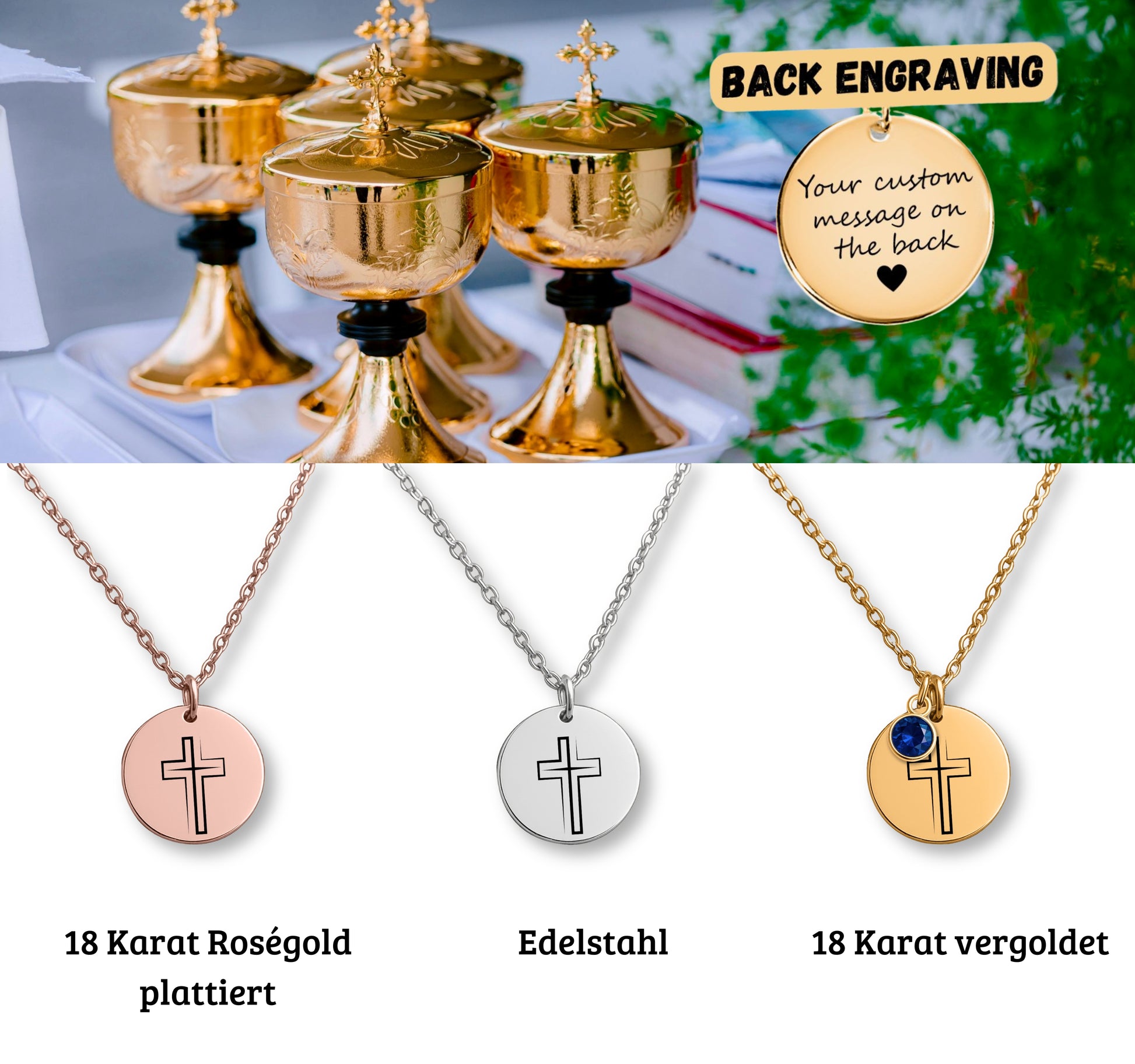 Personalisierte Kommunionskette mit Kreuz-Anhänger und Geburtsstein in 3 Varianten, präsentiert in einer eleganten schwarzen Geschenkbox mit herausnehmbarer Karte. Im Hintergrund rosa Rosenblätter. Ideal als Geschenk zur Erstkommunion für junge Mädchen.