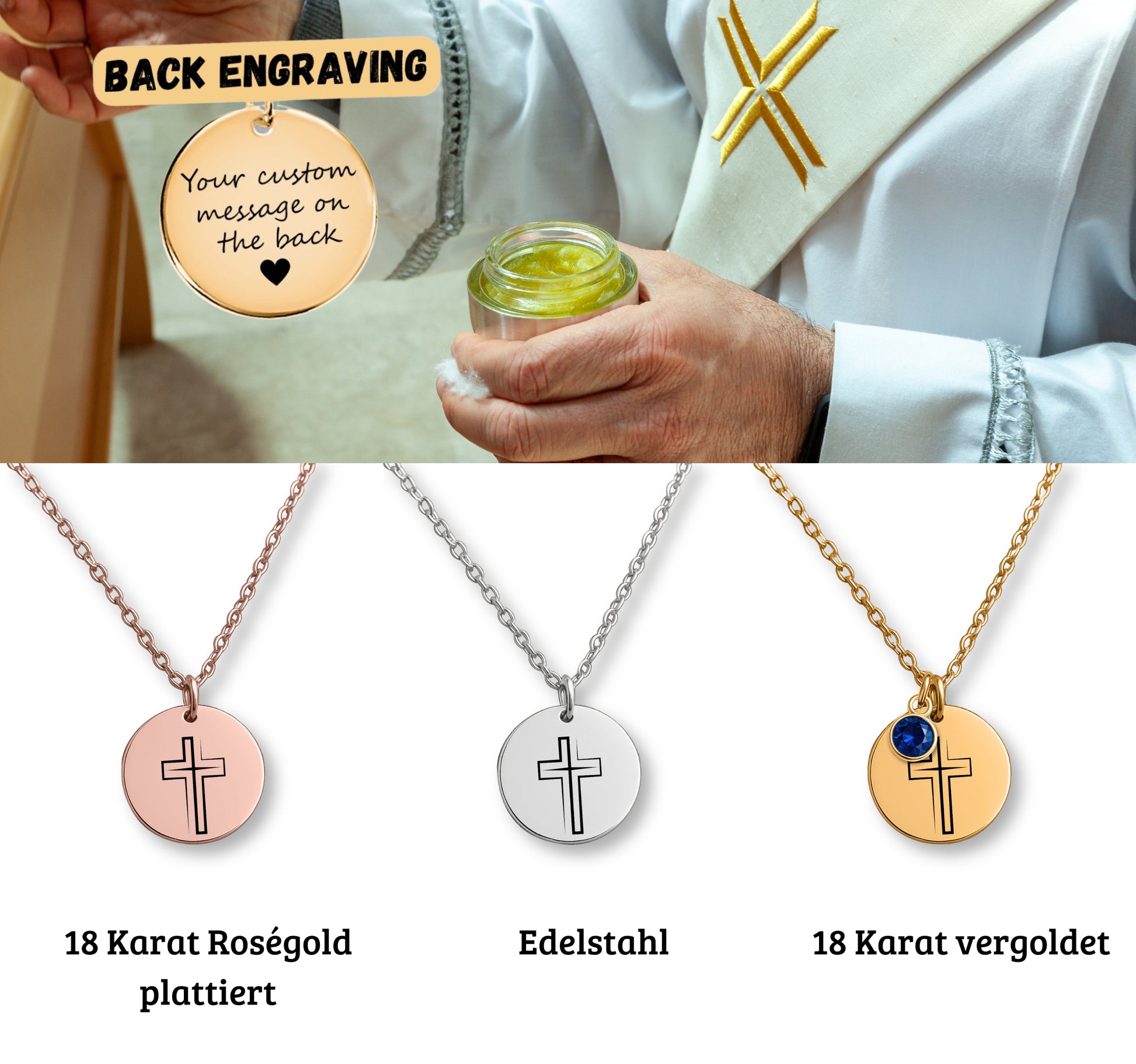 Personalisierte Konfirmationskette mit Kreuz-Anhänger und Geburtsstein in goldener Fassung, präsentiert in einer eleganten schwarzen Geschenkbox mit herausnehmbarer Karte. Im Hintergrund dunkler Hintergrund. Ideal als Geschenk zur Konfirmation, Firmung oder Geburtstag für junge Frauen.