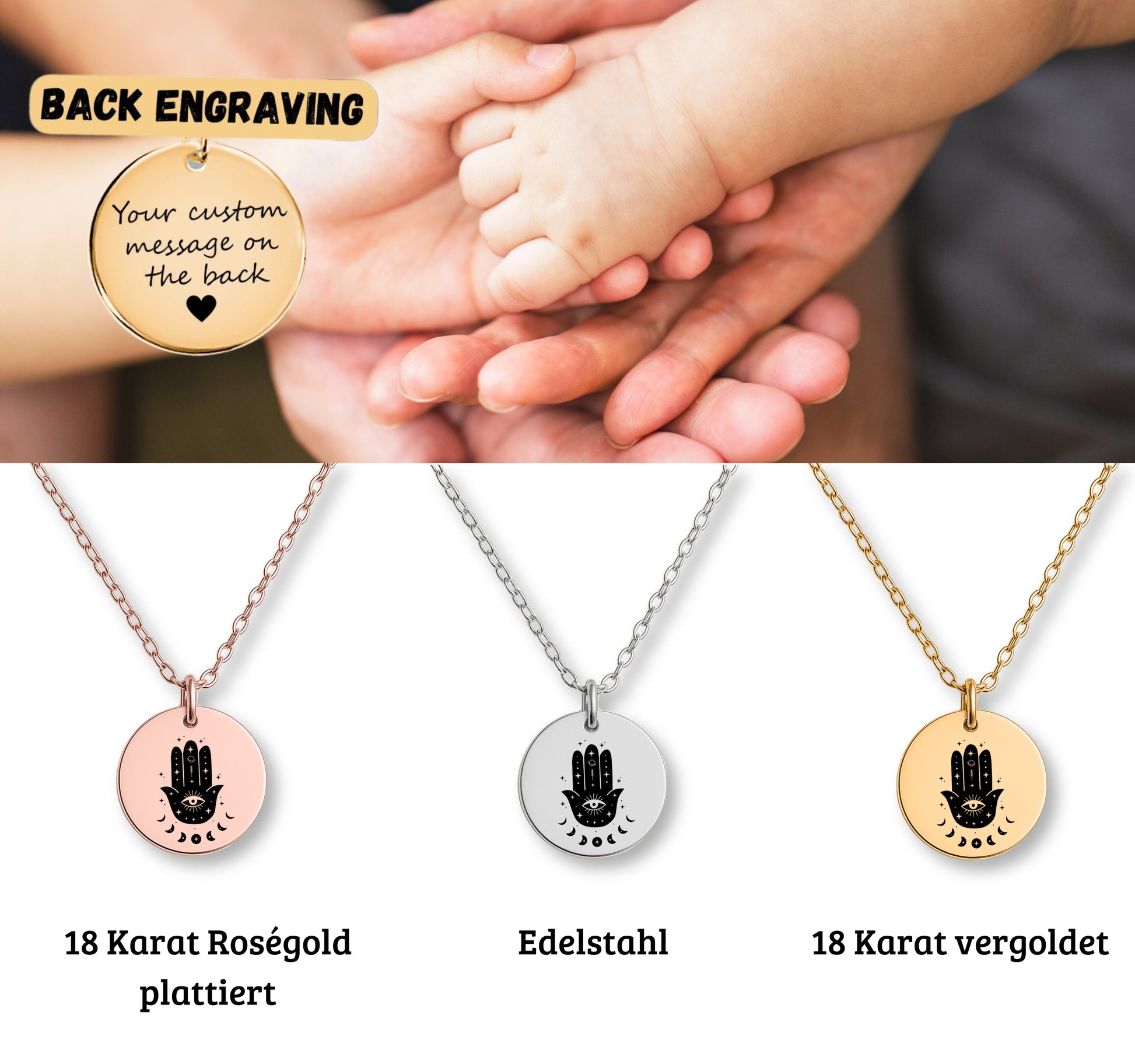 Personalisierte Hamsa Kette mit Anhänger mit Gravur einer Hand mit Auge, präsentiert in eleganter schwarzer Schmuckbox. Ideal als Geschenk für geliebte Menschen mit Schutz-Botschaft.