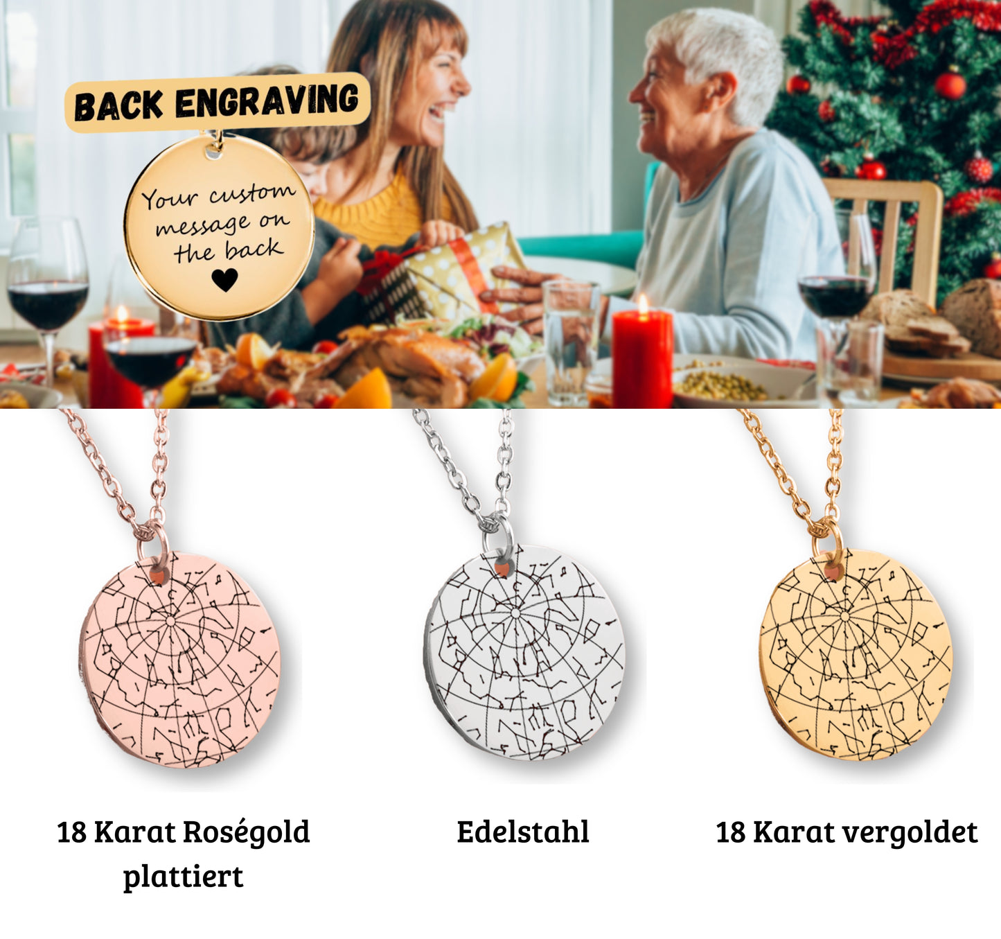 Personalisierte Sternenhimmel Kette zur Weihnacht für Mama, mit Anhänger, der den Himmel nach Ort und Datum zeigt, präsentiert in eleganter schwarzer Schmuckbox mit roter Weihnachtskarte. Ideal als emotionales Geschenk zu Weihnachten.