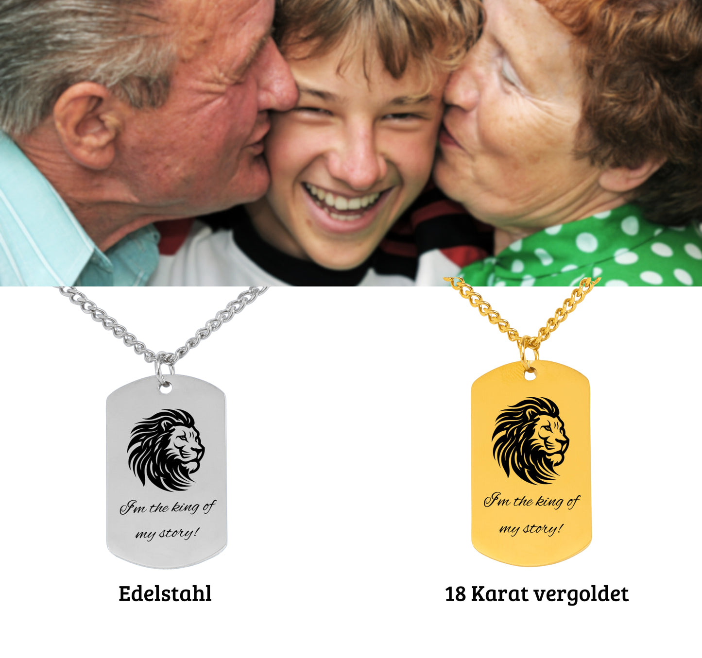 Personalisierte Löwen Kette für Enkelsohn mit Anhänger mit graviertem Löwenkopf und "I'm the King of my Story!", präsentiert in eleganter schwarzer Schmuckbox mit dunkelblauem Sternenhimmel-Hintergrund. Ideal als Geschenk von Oma & Opa zum Geburtstag, Weihnachten oder jedem anderen Anlass, welcher Dich überlegen lässt: Enkelsohn, was schenken?