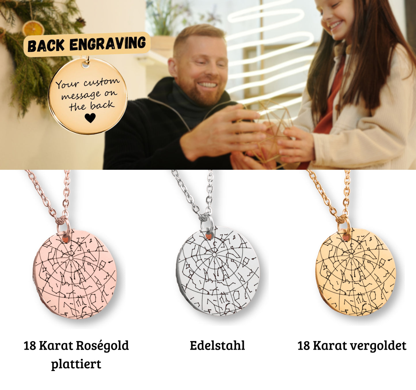 Personalisierte Sternenhimmel Kette für Papa, mit Anhänger, der den Himmel nach Ort und Datum zeigt, präsentiert in eleganter schwarzer Schmuckbox mit roter Weihnachtskarte. Ideal als emotionales Geschenk zur Weihnacht.