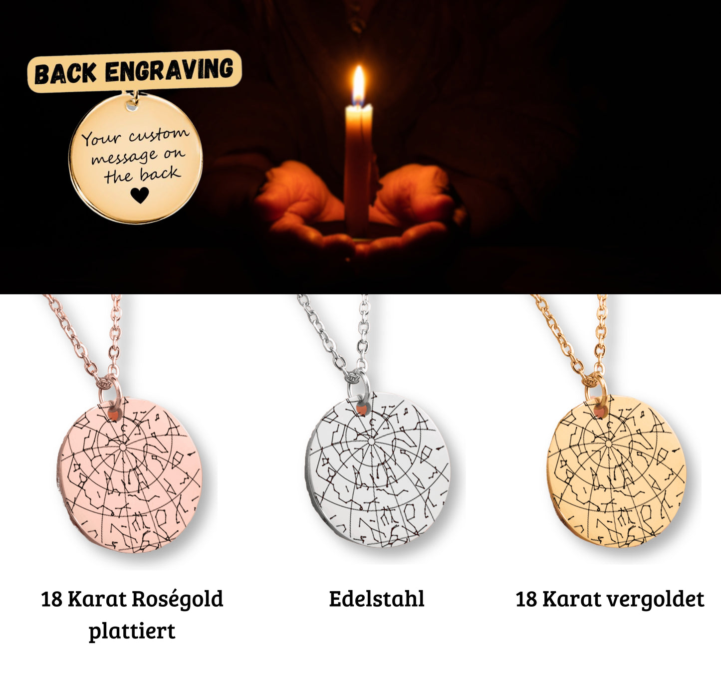 Personalisierte Sternenhimmel Kette „Leuchte hell, kleiner Stern“ mit Anhänger, der den Himmel nach Ort und Datum zeigt, präsentiert in eleganter schwarzer Schmuckbox mit dunkelblauem Sternenhimmel-Hintergrund. Ideal als Sternenkind Andenken oder Trauergeschenk.