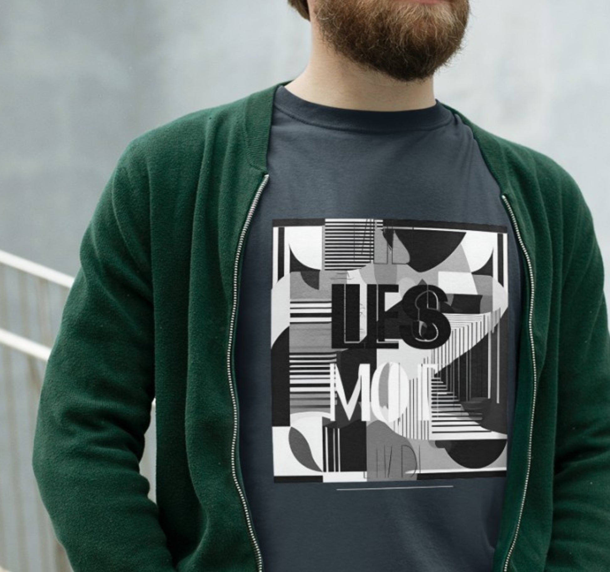 Ein Unisex T-Shirt mit minimalistischer schwarz-weißes Grafik aus klaren Linien und geometrischen Formen. Der Spruch "less is more" ziert das Shirt, ideal für 80er und 90er Partys, als Vintage-Geschenk für Frauen und Männer.