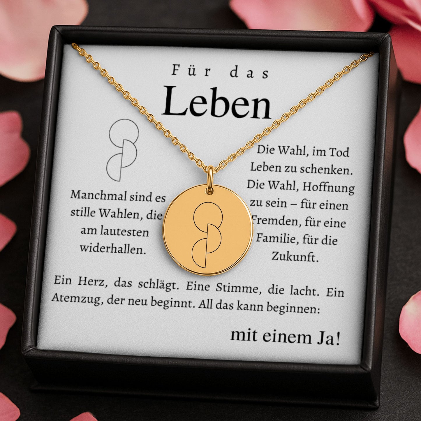 Halskette mit runden Anhänger aus Edelstahl in 18k Gelb Gold, fein graviertes Blättchen-Symbol für Organspende. Personalisierbare Gravur auf der Rückseite. Verstellbare Kette in Stahlsilber, 18K vergoldet oder rosé vergoldet. Inklusive Grußkarte mit symbolischem Text zur Organspende. Ideal als Danke schön Geschenk, Mutmacher oder Symbol für Leben retten.