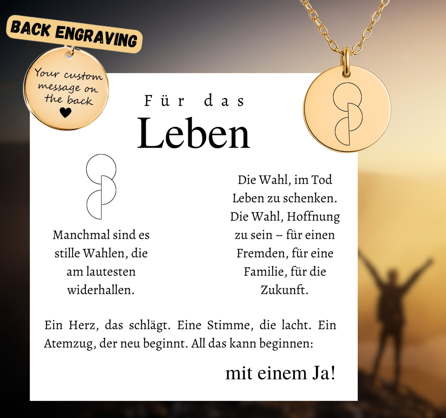 Halskette mit runden Anhänger aus Edelstahl in 18k Gelb Gold, fein graviertes Blättchen-Symbol für Organspende. Personalisierbare Gravur auf der Rückseite. Verstellbare Kette in Stahlsilber, 18K vergoldet oder rosé vergoldet. Inklusive Grußkarte mit symbolischem Text zur Organspende. Ideal als Danke schön Geschenk, Mutmacher oder Symbol für Leben retten.