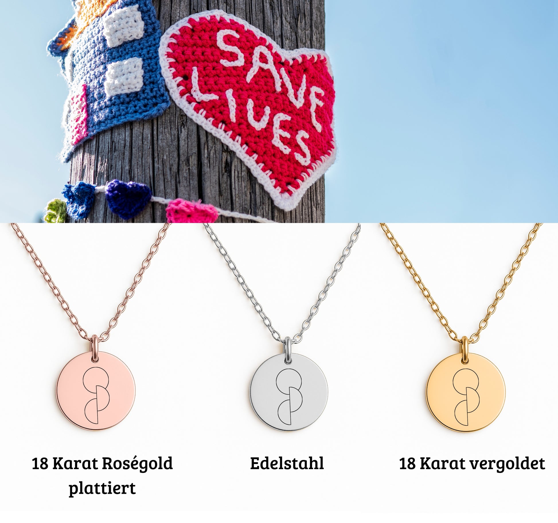 Halskette mit runden Anhänger aus Edelstahl in 18k Gelb Gold, fein graviertes Blättchen-Symbol für Organspende. Personalisierbare Gravur auf der Rückseite. Verstellbare Kette in Stahlsilber, 18K vergoldet oder rosé vergoldet. Inklusive Grußkarte mit symbolischem Text zur Organspende. Ideal als Danke schön Geschenk, Mutmacher oder Symbol für Leben retten.