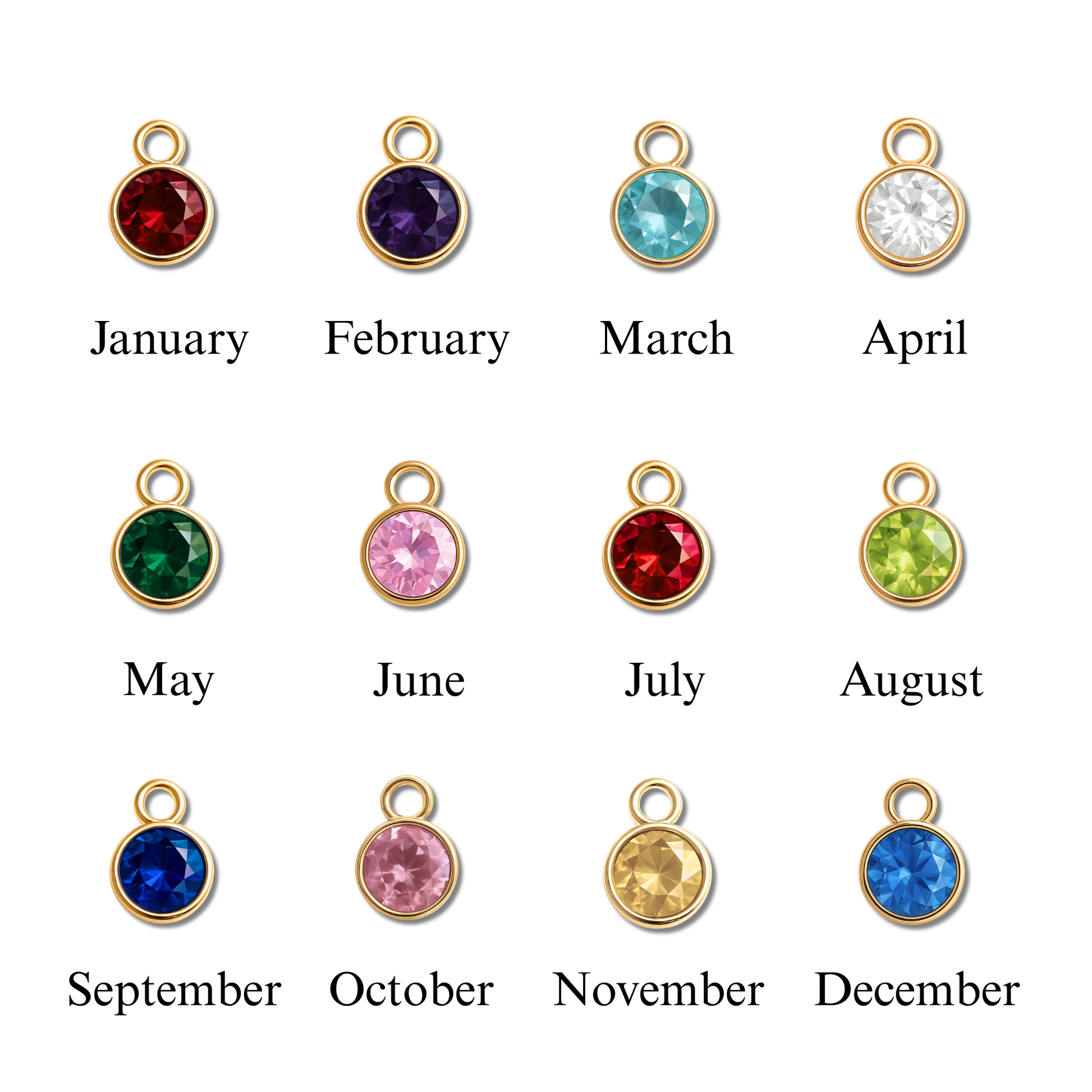 Geburtsstein Anhänger, jeder ein funkelnder, facettierter Edelstein in einer runden Fassung, bereit. Roter Granat für Januar, königlicher Amethyst für Februar, klarer Aquamarin für März, strahlender Diamant für April, tiefgrüner Smaragd für Mai, zarter Alexandrit für Juni, leidenschaftlicher Rubin für Juli, lebhafter Peridot für August, tiefblauer Saphir für September, sanfter Turmalin für Oktober, goldener Citrin für November und beruhigender Blautopas für Dezember.