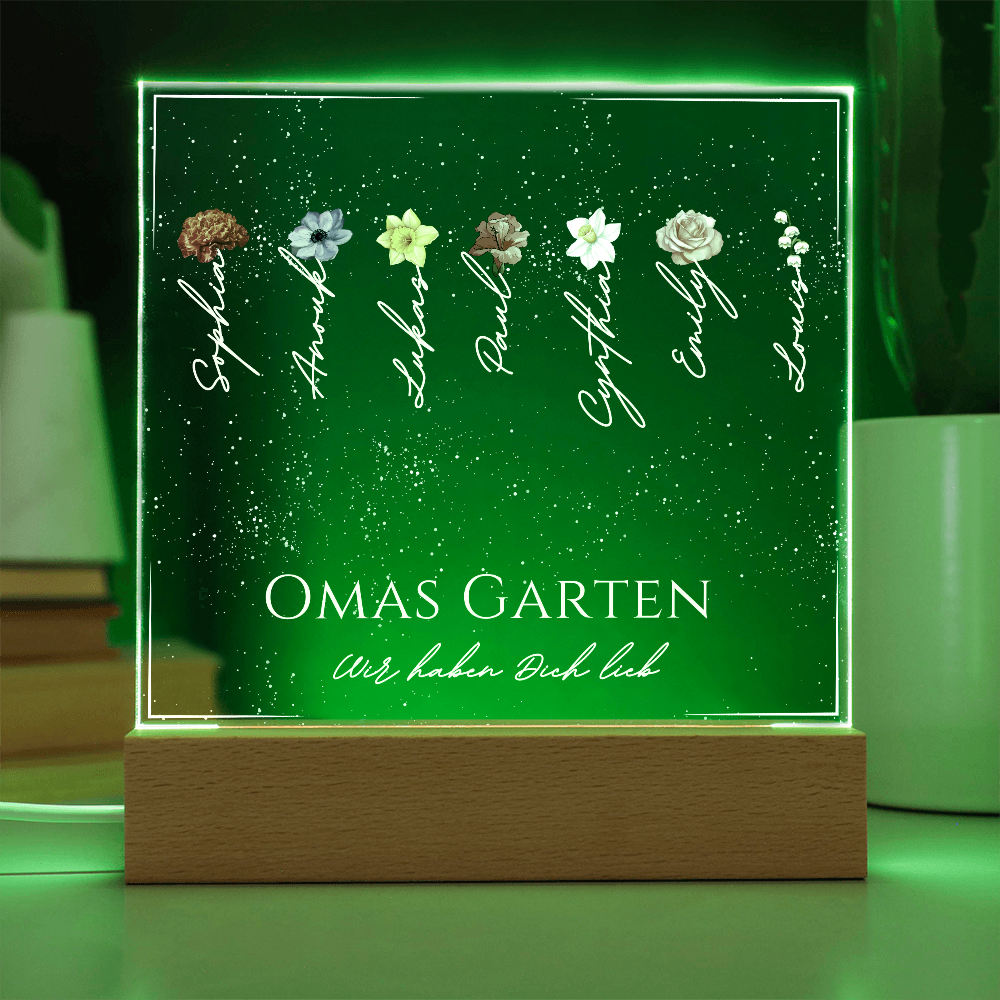 Personalisierbare Acryltafel mit Holzsockel und LED, gestaltet mit dem Schriftzug „Omas Garten“, individuellen Namen, Geburtsblumen und liebevollen Texten. Perfekt als Geschenkidee für Mama oder Oma zu Geburtstag, Weihnachten oder Muttertag.
Mama Geburtstagsgeschenk,
Geschenke für Mama,
Oma Geschenkideen,
Omas Enkel,
Geschenkidee für Oma von Enkel,
Omas Garten,
Geburtsmonat Blume,
Geschenk Mutter,
Geschenk 60 Geburtstag Frau,
Muttertagsgeschenk 2025,
Geschenk für Oma,
Oma Weihnachtsgeschenk.