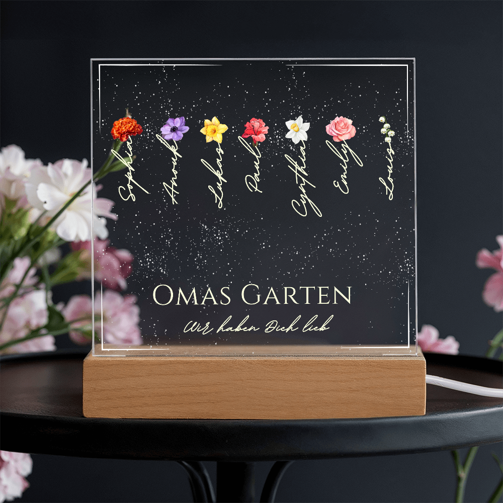 Personalisierbare Acryltafel mit Holzsockel und LED, gestaltet mit dem Schriftzug „Omas Garten“, individuellen Namen, Geburtsblumen und liebevollen Texten. Perfekt als Geschenkidee für Mama oder Oma zu Geburtstag, Weihnachten oder Muttertag.
Mama Geburtstagsgeschenk,
Geschenke für Mama,
Oma Geschenkideen,
Omas Enkel,
Geschenkidee für Oma von Enkel,
Omas Garten,
Geburtsmonat Blume,
Geschenk Mutter,
Geschenk 60 Geburtstag Frau,
Muttertagsgeschenk 2025,
Geschenk für Oma,
Oma Weihnachtsgeschenk.