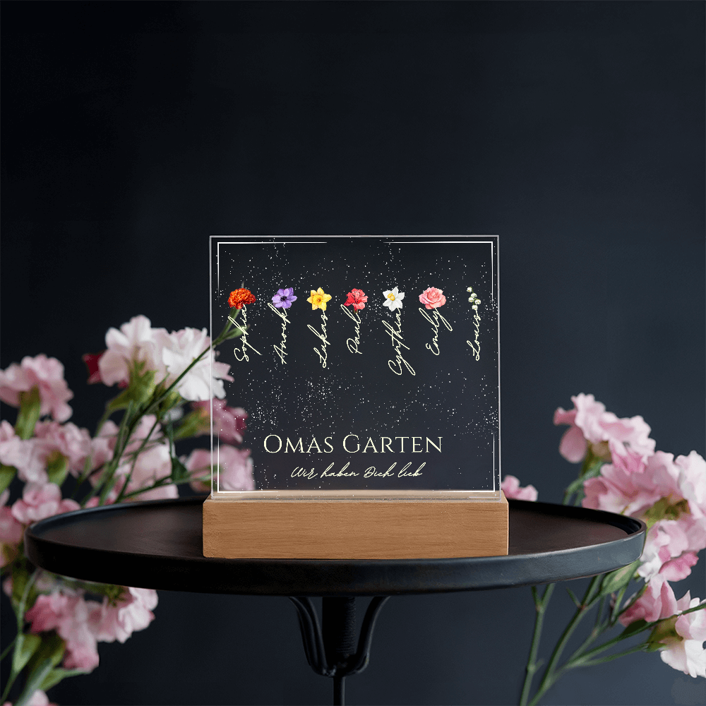 Personalisierbare Acryltafel mit Holzsockel und LED, gestaltet mit dem Schriftzug „Omas Garten“, individuellen Namen, Geburtsblumen und liebevollen Texten. Perfekt als Geschenkidee für Mama oder Oma zu Geburtstag, Weihnachten oder Muttertag.
Mama Geburtstagsgeschenk,
Geschenke für Mama,
Oma Geschenkideen,
Omas Enkel,
Geschenkidee für Oma von Enkel,
Omas Garten,
Geburtsmonat Blume,
Geschenk Mutter,
Geschenk 60 Geburtstag Frau,
Muttertagsgeschenk 2025,
Geschenk für Oma,
Oma Weihnachtsgeschenk.