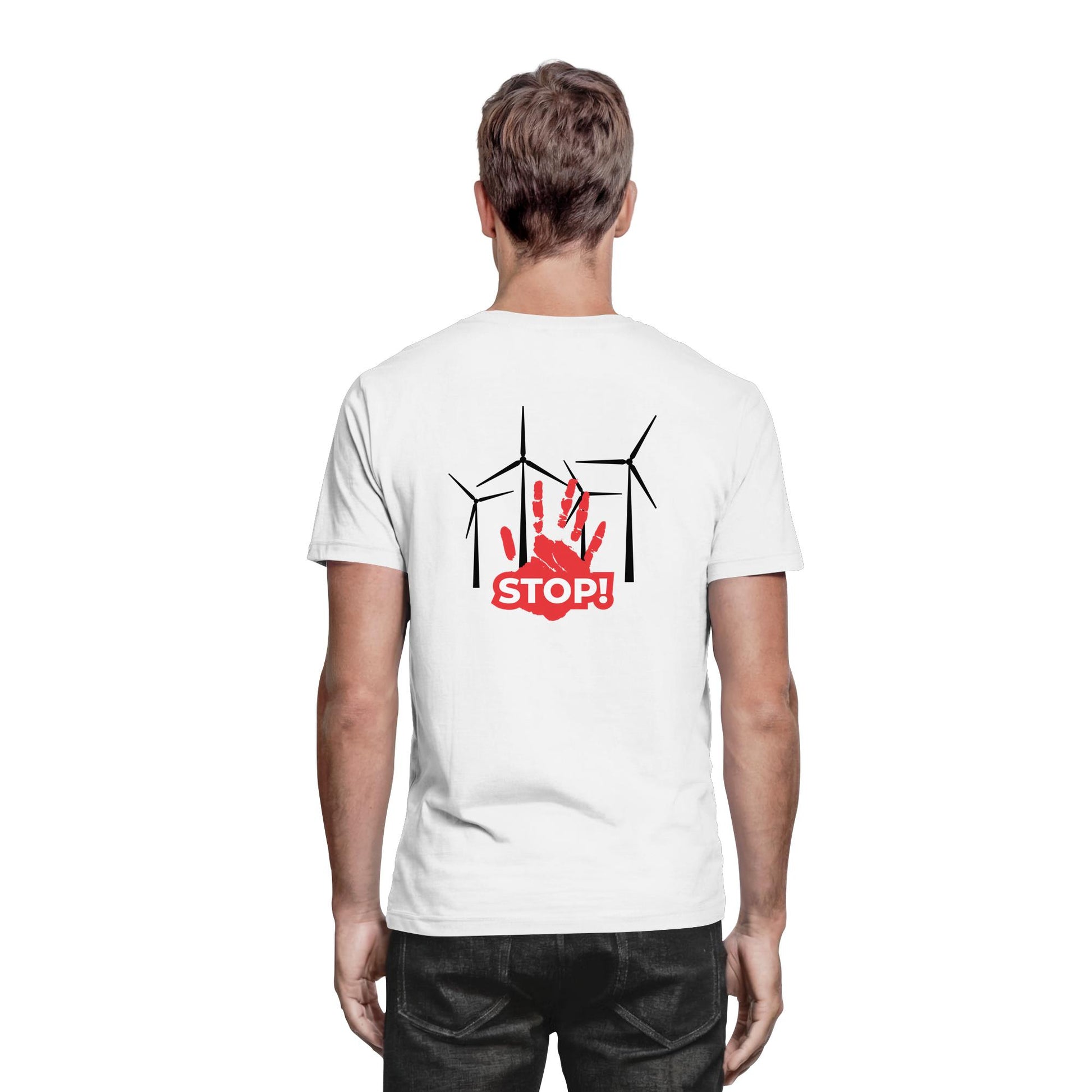 Premium Shirt mit Motiv aus 4 Windrädern und einer roten Hand mit dem Schriftzug „STOP!“ davor; Statement-Shirt aus 100 % Baumwolle, Regular Schnitt, klares Zeichen gegen Windkraftanlagen, gegen Windkraft im Wald, für Windpark Gegner und Kritiker der Stromerzeugung durch Windkraft.; Windkraftanlage,
gegen Windkraft im Wald,
gegen Windkraftanlagen,
Windpark Gegner,
Stromerzeugung Windkraft,