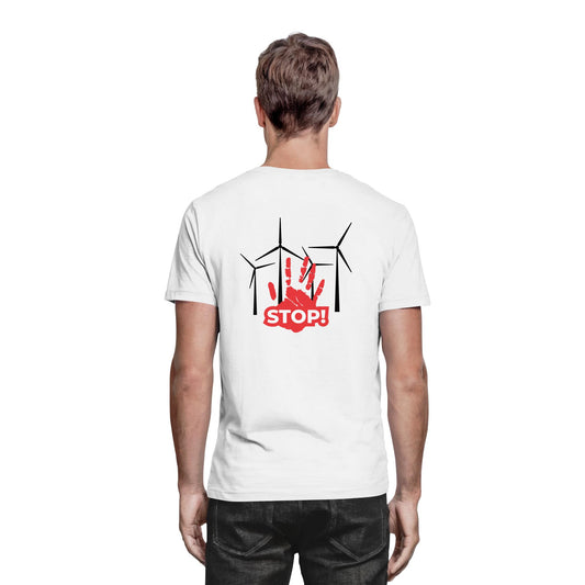 Premium Shirt mit Motiv aus 4 Windrädern und einer roten Hand mit dem Schriftzug „STOP!“ davor; Statement-Shirt aus 100 % Baumwolle, Regular Schnitt, klares Zeichen gegen Windkraftanlagen, gegen Windkraft im Wald, für Windpark Gegner und Kritiker der Stromerzeugung durch Windkraft.; Windkraftanlage,
gegen Windkraft im Wald,
gegen Windkraftanlagen,
Windpark Gegner,
Stromerzeugung Windkraft,
