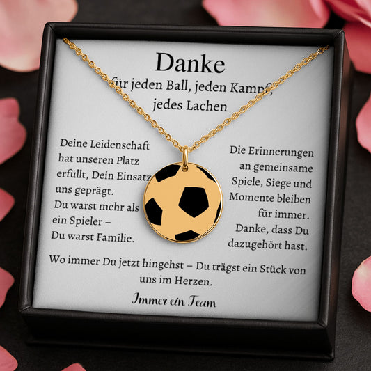 Personalisierte Fußball-Halskette aus Edelstahl mit graviertem Ball-Anhänger in schwarzer Schmuckbox – perfektes Abschiedsgeschenk für Spieler, Team oder Verein.
