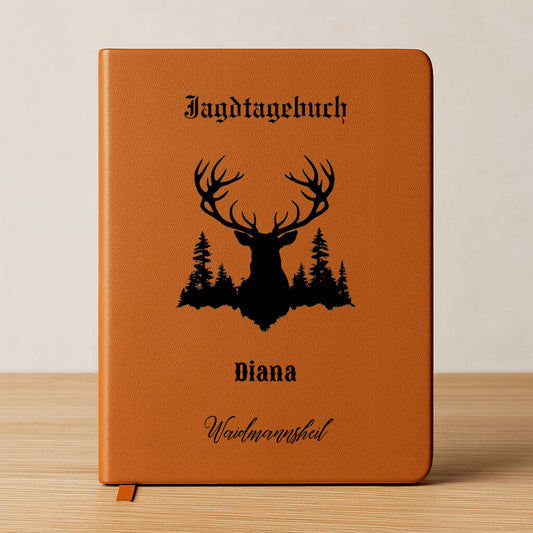 Jagdtagebuch "Weidmannsheil" aus veganem Leder mit 200 linierten Seiten, elastischem Verschlussband und Lesezeichen. Personalisierbar mit Deinem Namen. Perfekt für Jagderlebnisse und Erinnerungen – nachhaltig, hochwertig und handlich im A5-Format.