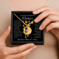Ein goldenes Collier mit einem runden Anhänger, verziert mit Geburtsstein und einem zarten Pusteblumenmotiv, ruht in einer eleganten schwarzen Geschenkbox. Die Box enthält eine herzliche Botschaft von den Eltern an ihre Tochter, die die tiefe Liebe und den Wunsch ausdrückt, ihr das Beste im Leben zu geben. Die Rückseite des Anhängers ist personalisierbar, ideal für eine Gravur, die diese liebevolle Botschaft oder ein besonderes Datum für immer festhält und das Schmuckstück unvergesslich macht.