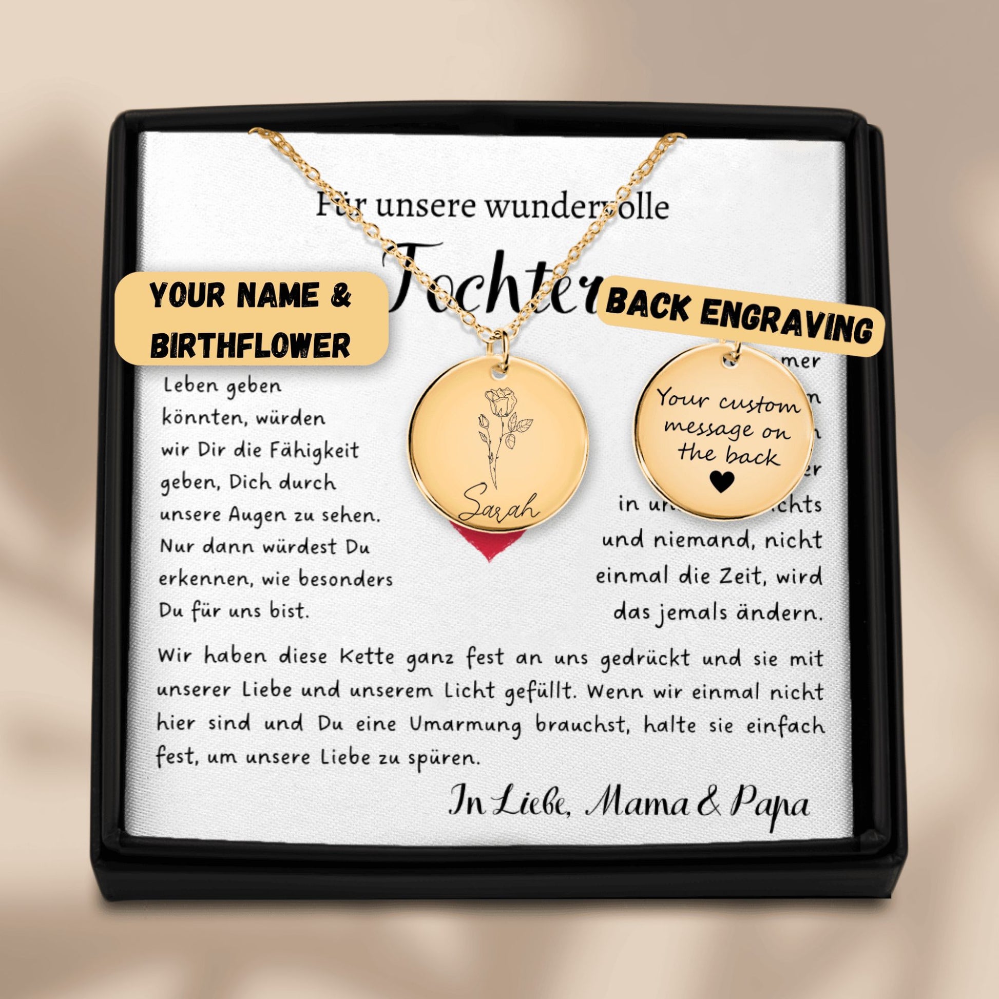 Personalisierte Geburtsblume Namenskette aus hochwertigem Edelstahl (Gold, Rosegold, Silber) mit individueller Gravur von Geburtsblume und Name. Ein bedeutungsvolles Geschenk für Töchter zu besonderen Anlässen wie Taufe, Konfirmation, Auszug oder als liebevolle Erinnerung an die elterliche Liebe. Hypoallergen, anlaufbeständig und geschenkfertig verpackt. Zeigt die Schönheit und Personalisierung des Schmuckstücks.