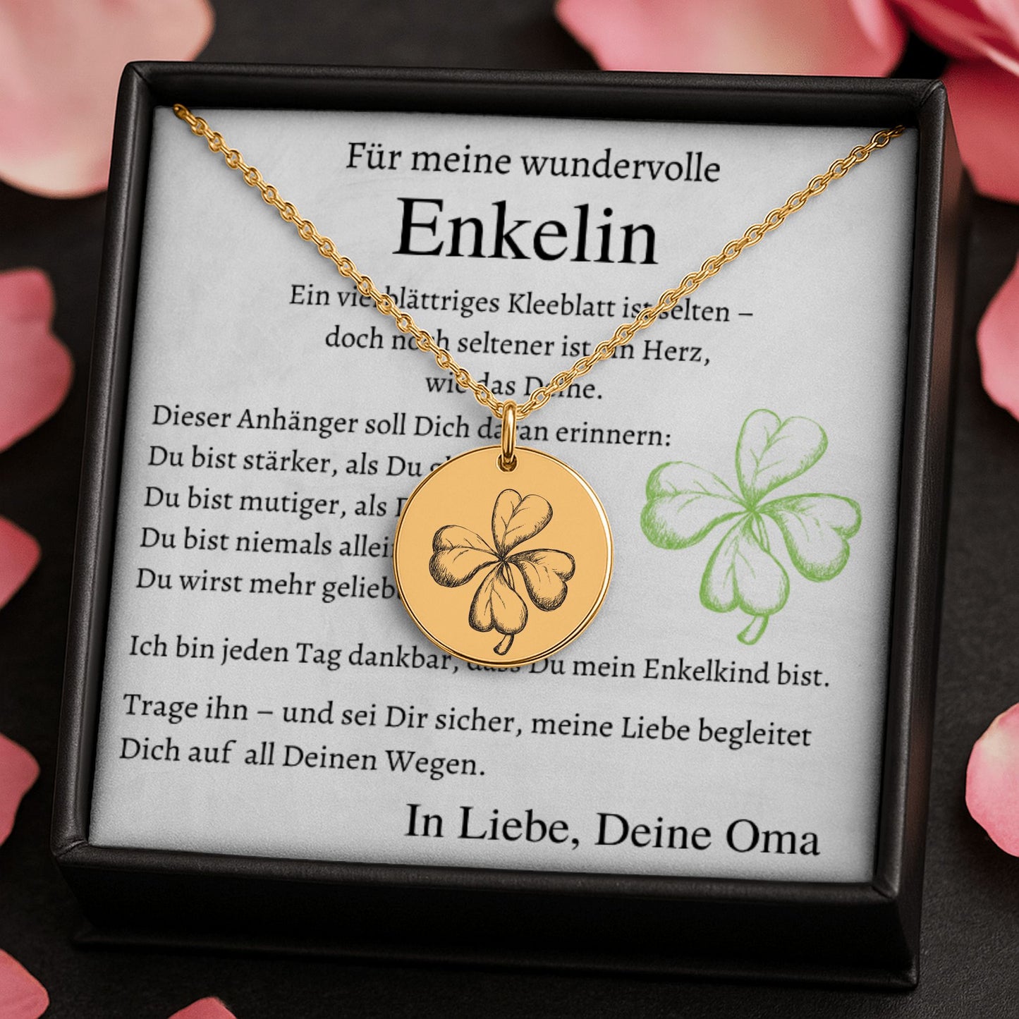 Personalisierte Kleeblatt-Halskette aus Edelstahl, 18k Rosé Gold plattiert oder 18K vergoldetem Edelstahl für Enkelinnen – mit fein graviertem vierblättrigem Klee als Symbol für Liebe, Stärke und Glück. Die Halskette liegt in einer stilvollen Schmuckbox mit herzlicher Botschaft von Oma. Optional personalisierbar mit Namen, Datum oder Spruch. Ideal als Geburtstagsgeschenk, Weihnachtsgeschenk oder Taufgeschenk. Hypoallergen, anlaufbeständig und langlebig.