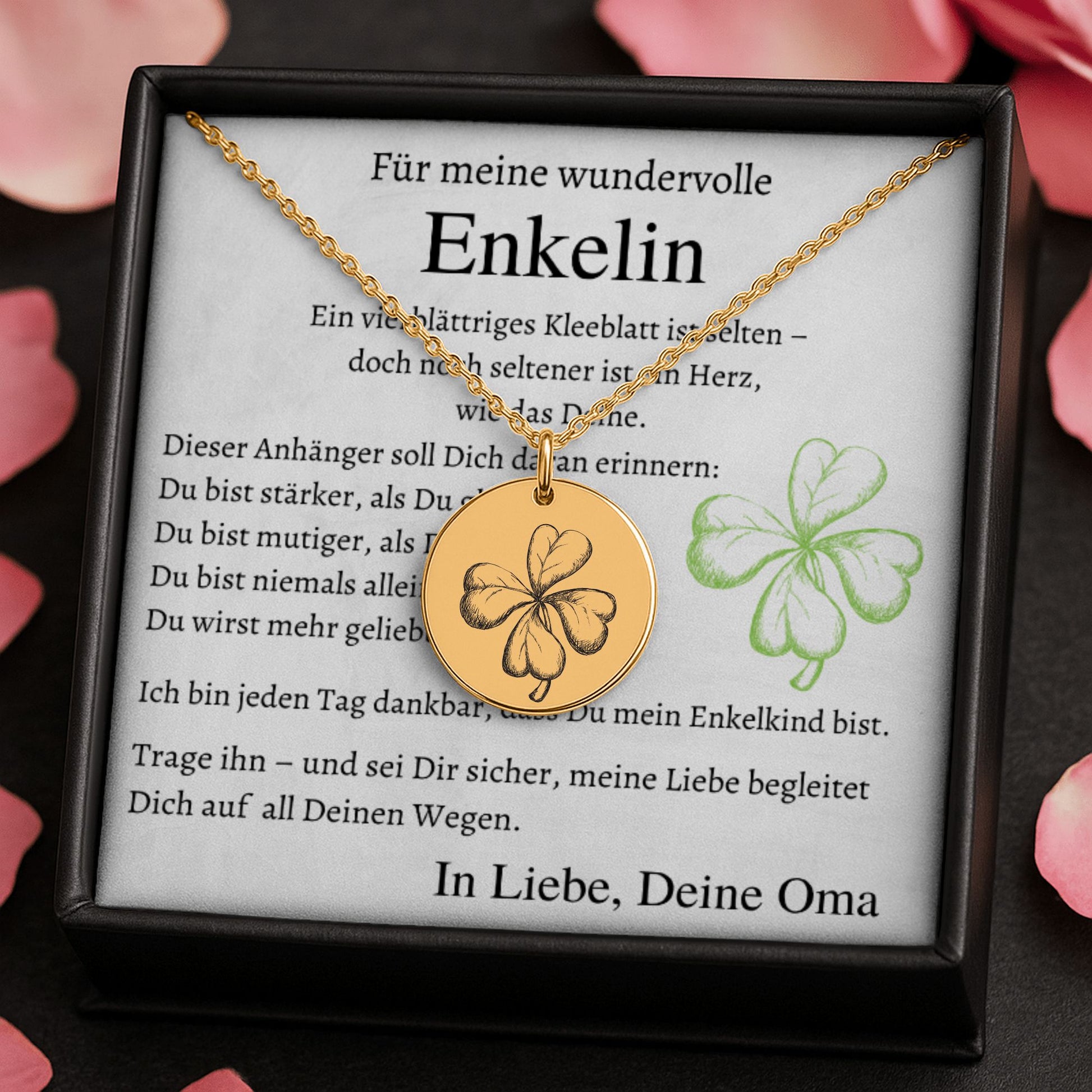 Personalisierte Kleeblatt-Halskette aus Edelstahl, 18k Rosé Gold plattiert oder 18K vergoldetem Edelstahl für Enkelinnen – mit fein graviertem vierblättrigem Klee als Symbol für Liebe, Stärke und Glück. Die Halskette liegt in einer stilvollen Schmuckbox mit herzlicher Botschaft von Oma. Optional personalisierbar mit Namen, Datum oder Spruch. Ideal als Geburtstagsgeschenk, Weihnachtsgeschenk oder Taufgeschenk. Hypoallergen, anlaufbeständig und langlebig.