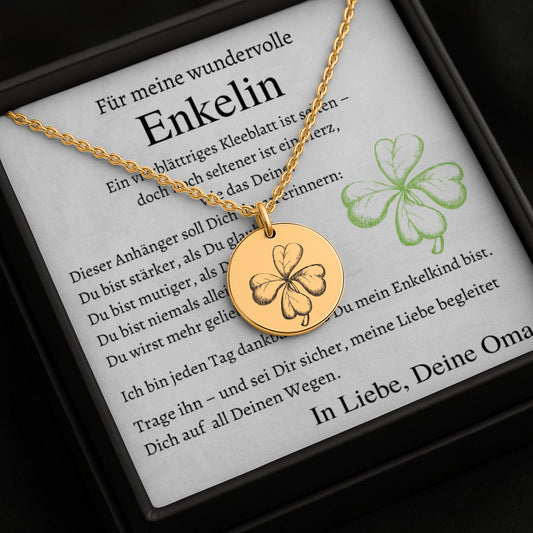 Personalisierte Kleeblatt-Halskette aus Edelstahl, 18k Rosé Gold plattiert oder 18K vergoldetem Edelstahl für Enkelinnen – mit fein graviertem vierblättrigem Klee als Symbol für Liebe, Stärke und Glück. Die Halskette liegt in einer stilvollen Schmuckbox mit herzlicher Botschaft von Oma. Optional personalisierbar mit Namen, Datum oder Spruch. Ideal als Geburtstagsgeschenk, Weihnachtsgeschenk oder Taufgeschenk. Hypoallergen, anlaufbeständig und langlebig.