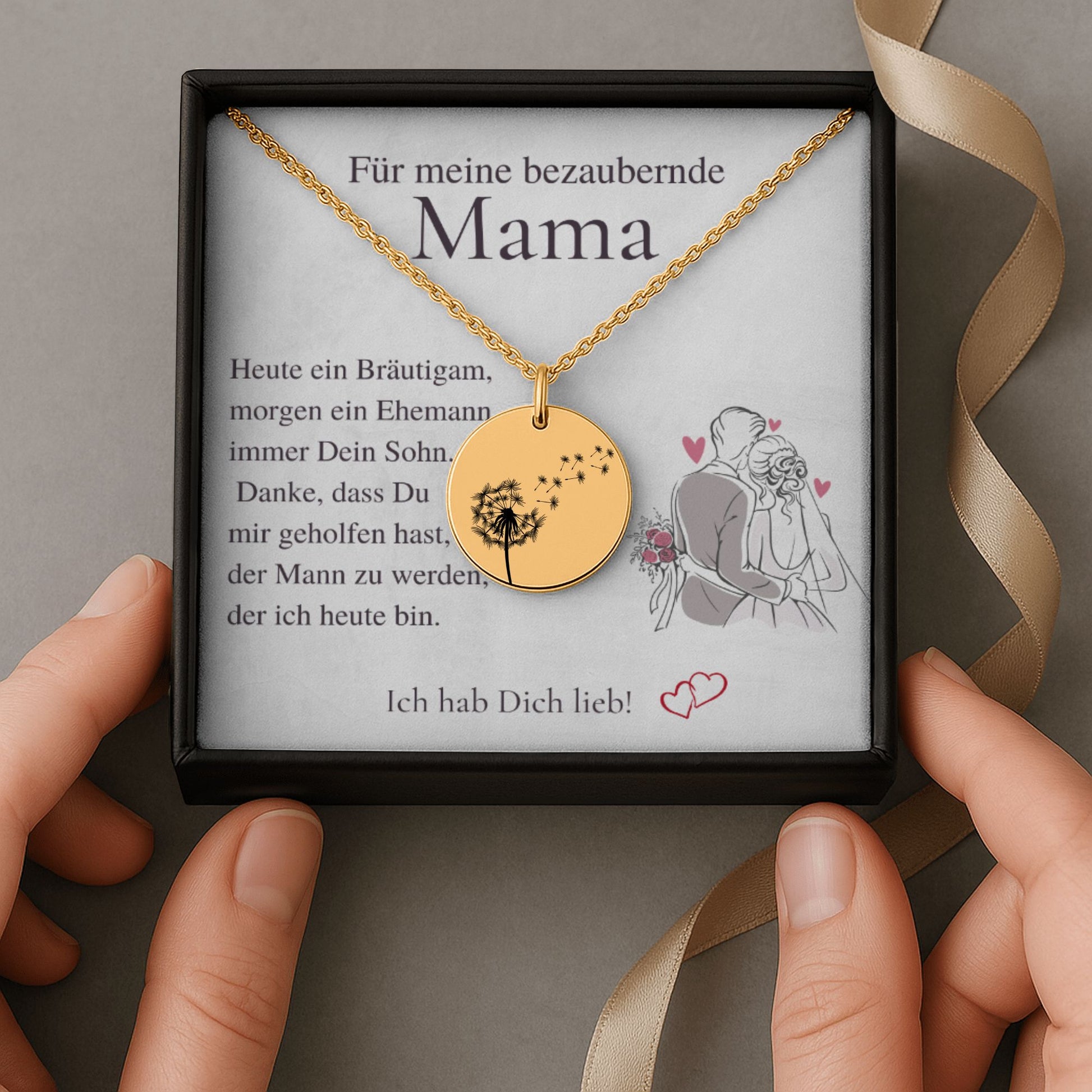 Hochwertige Edelstahl-Halskette für Bräutigam Mutter. Fein graviertes Blättchen mit Windblume, in Stahlsilber, 18K vergoldet, 18K rosé vergoldet. Perfektes Dankeschön-Geschenk, personalisierbar. Ideales Geschenk Mutter des Bräutigams, Sohn an Mama Geschenk oder Bräutigam Geschenk. Zeigt Wertschätzung für die Bräutigammutter. Elegante Bräutigam Mutter Halskette, die als Schmuck für Brautmutter, Schmuck für Bräutigam-Mutter dient. Inklusive Bräutigammama Karte und Mutter Bräutigam Danke.