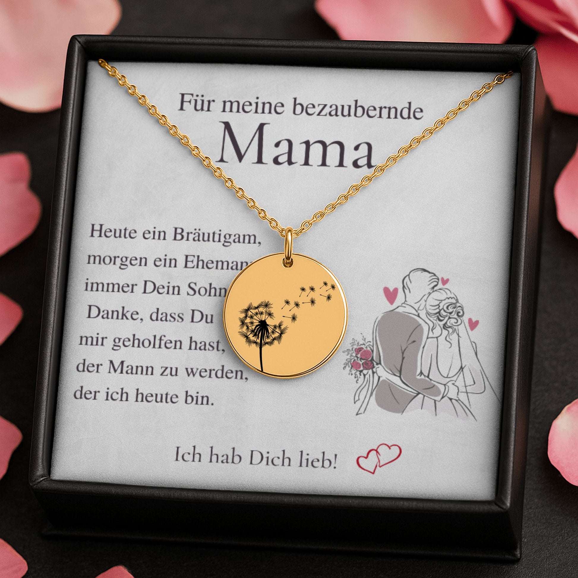 Hochwertige Edelstahl-Halskette für Bräutigam Mutter. Fein graviertes Blättchen mit Windblume, in Stahlsilber, 18K vergoldet, 18K rosé vergoldet. Perfektes Dankeschön-Geschenk, personalisierbar. Ideales Geschenk Mutter des Bräutigams, Sohn an Mama Geschenk oder Bräutigam Geschenk. Zeigt Wertschätzung für die Bräutigammutter. Elegante Bräutigam Mutter Halskette, die als Schmuck für Brautmutter, Schmuck für Bräutigam-Mutter dient. Inklusive Bräutigammama Karte und Mutter Bräutigam Danke.